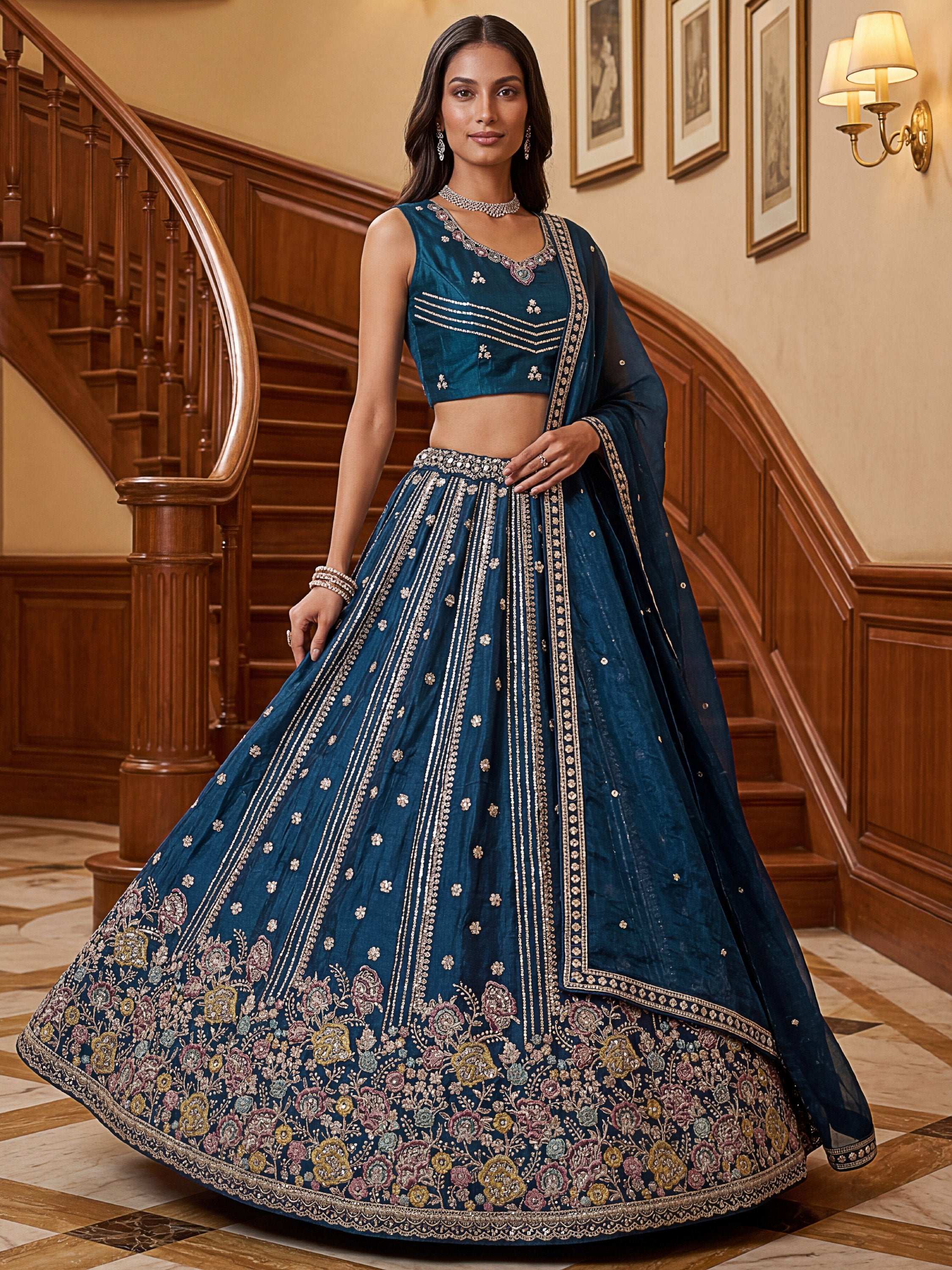 Dazzling Teal Blue Sequins Oragnza Marriage Wear Lehenga With Blouse