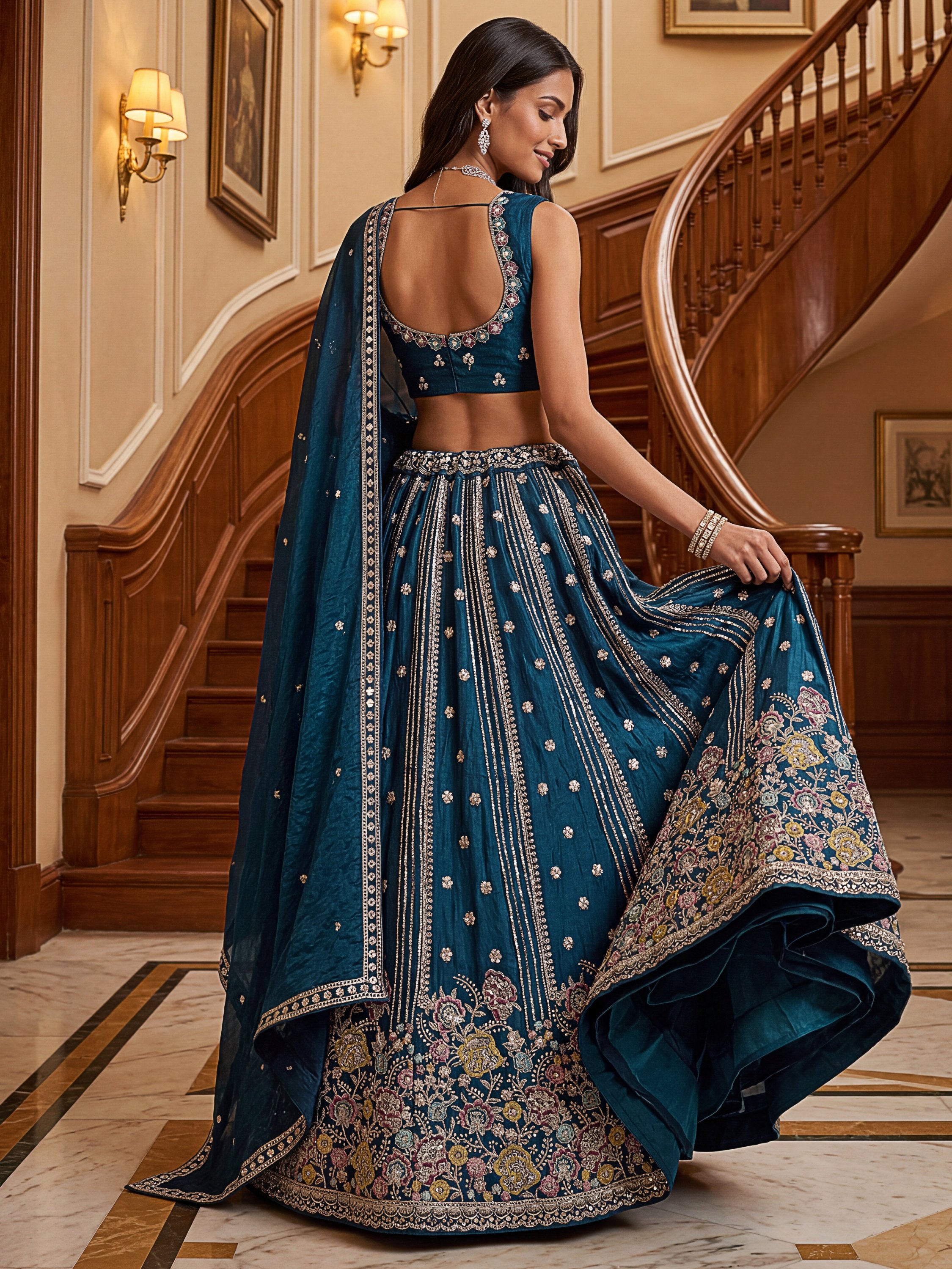 Dazzling Teal Blue Sequins Oragnza Marriage Wear Lehenga With Blouse