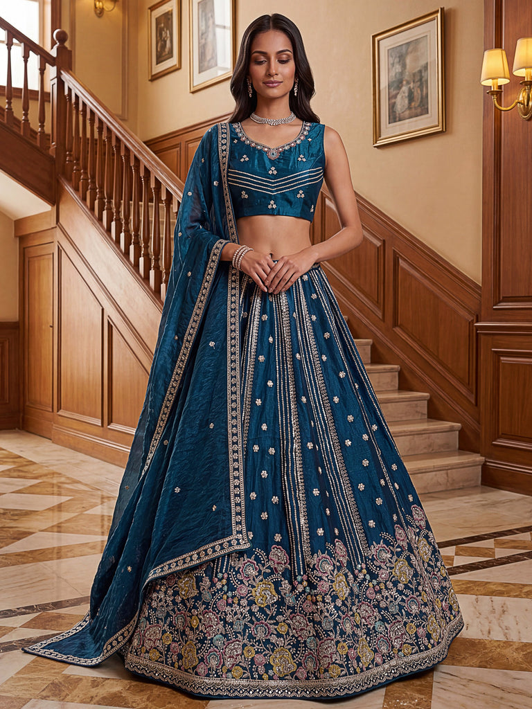 Dazzling Teal Blue Sequins Oragnza Marriage Wear Lehenga With Blouse