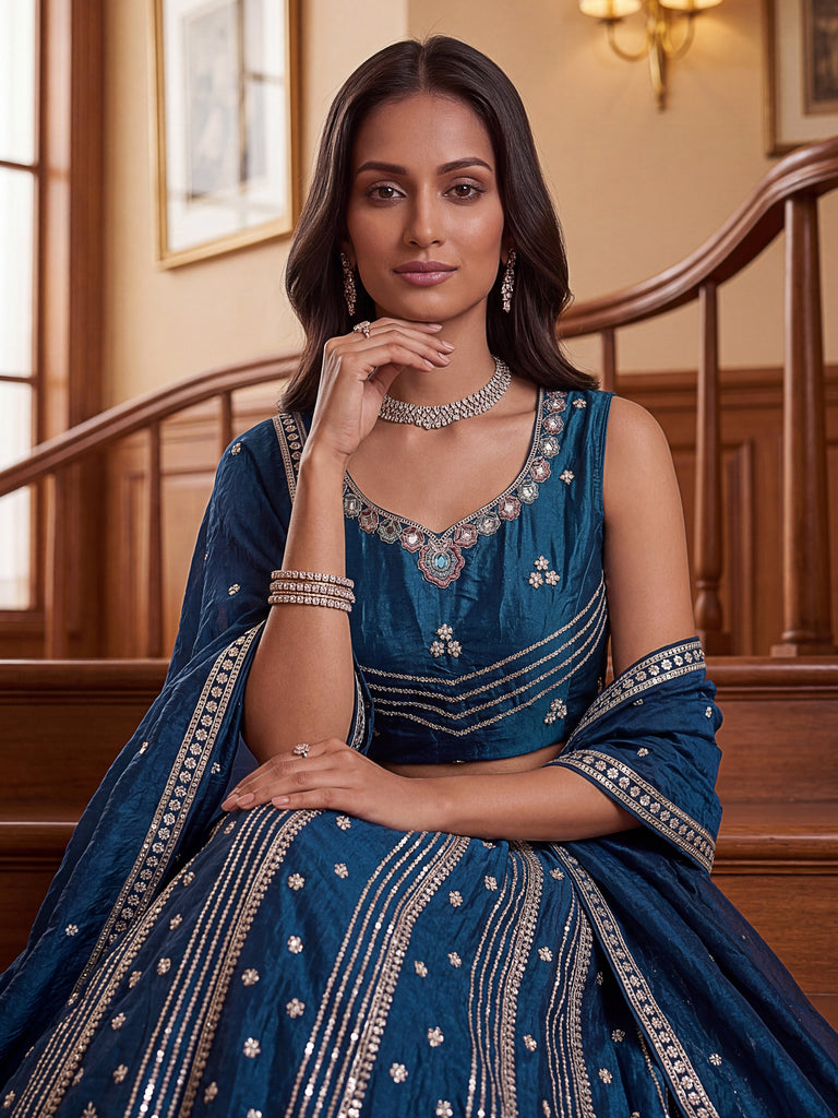 Dazzling Teal Blue Sequins Oragnza Marriage Wear Lehenga With Blouse