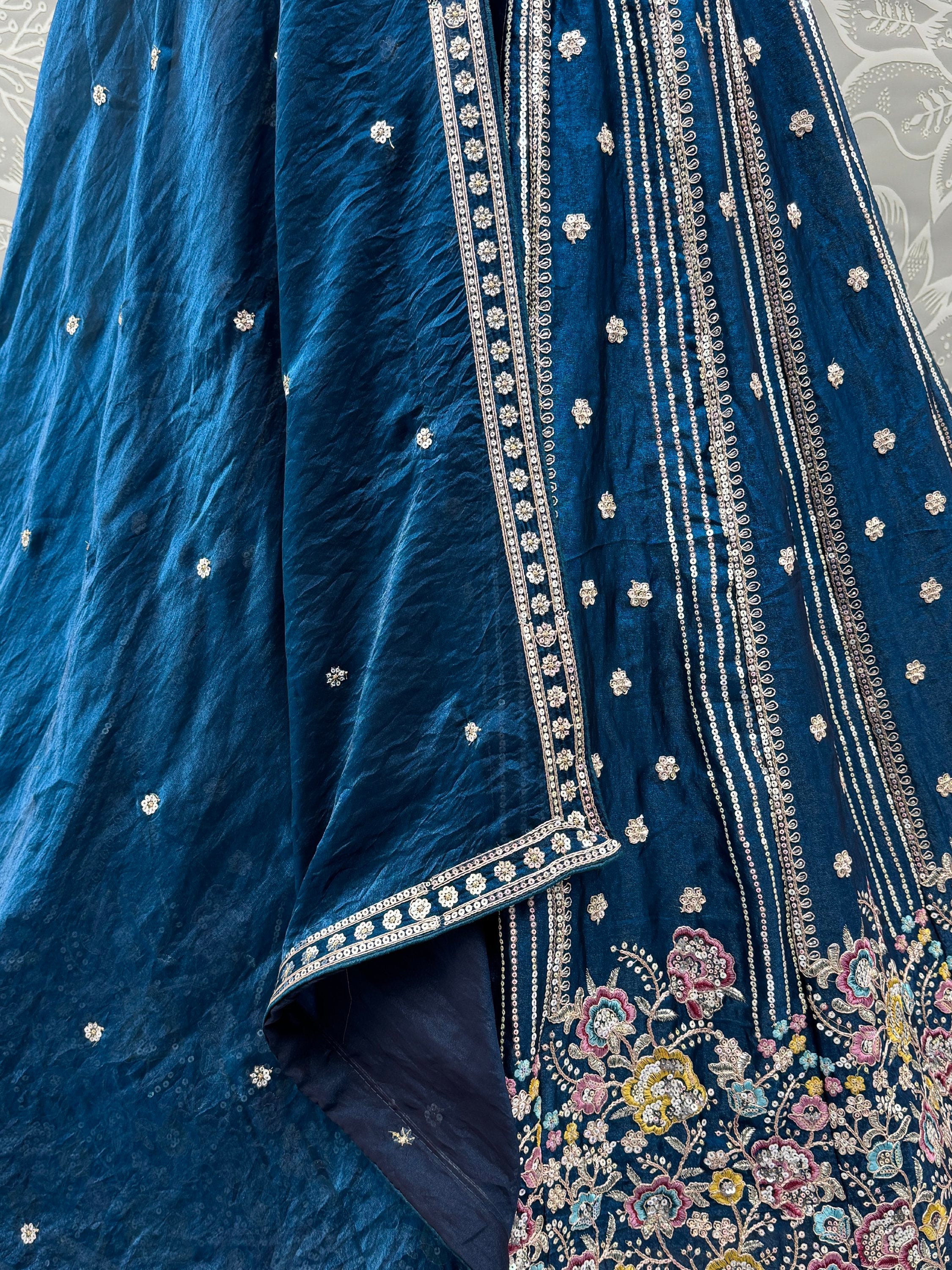 Dazzling Teal Blue Sequins Oragnza Marriage Wear Lehenga With Blouse