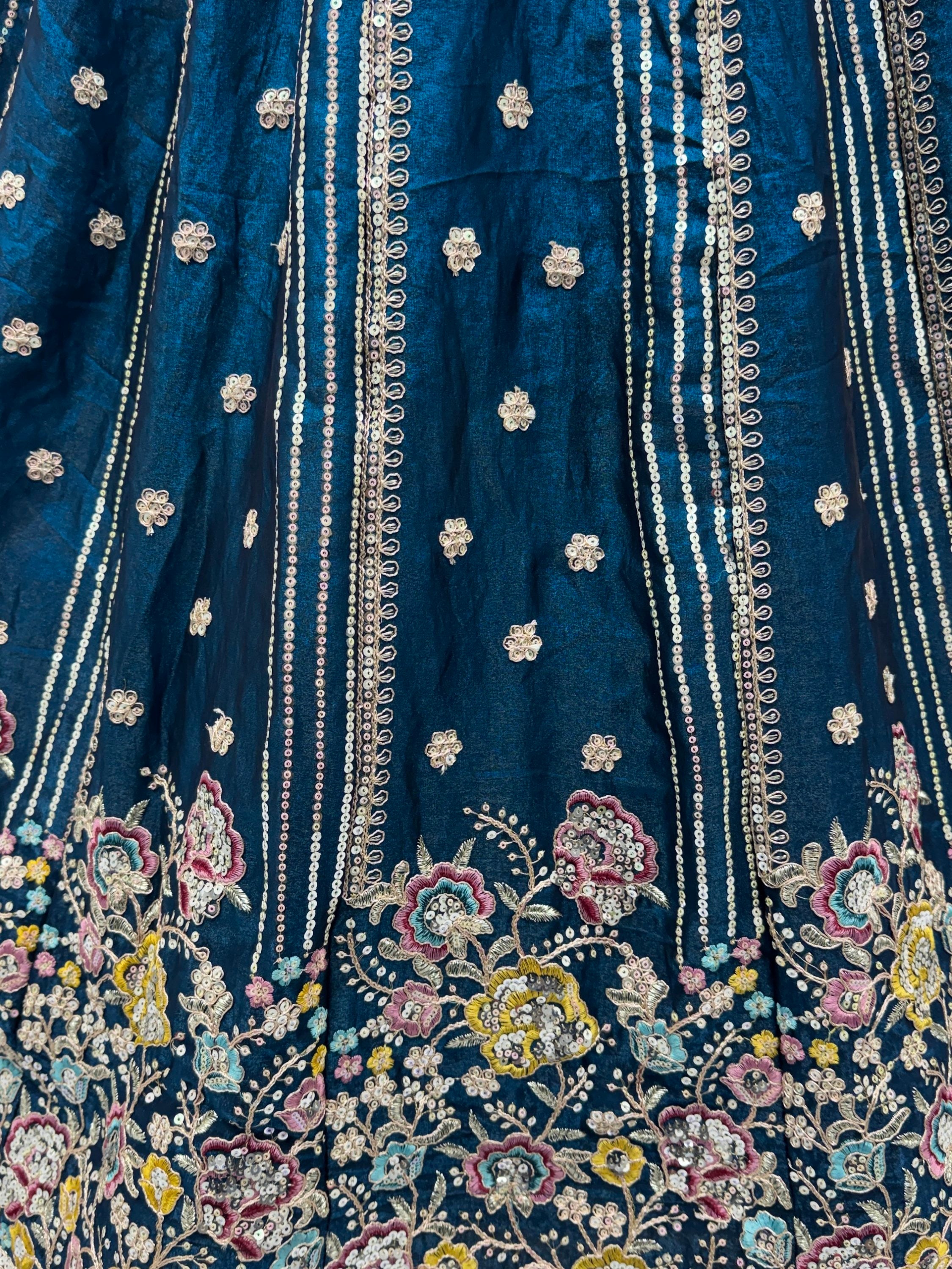 Dazzling Teal Blue Sequins Oragnza Marriage Wear Lehenga With Blouse