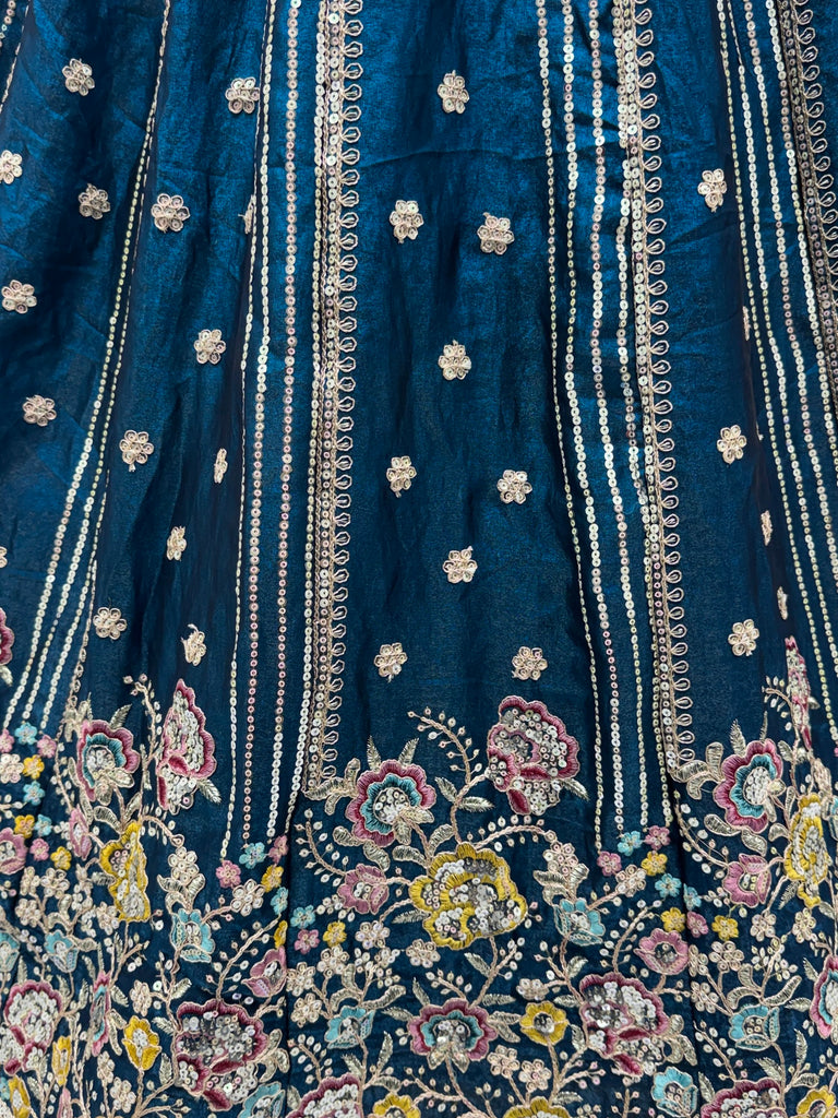 Dazzling Teal Blue Sequins Oragnza Marriage Wear Lehenga With Blouse
