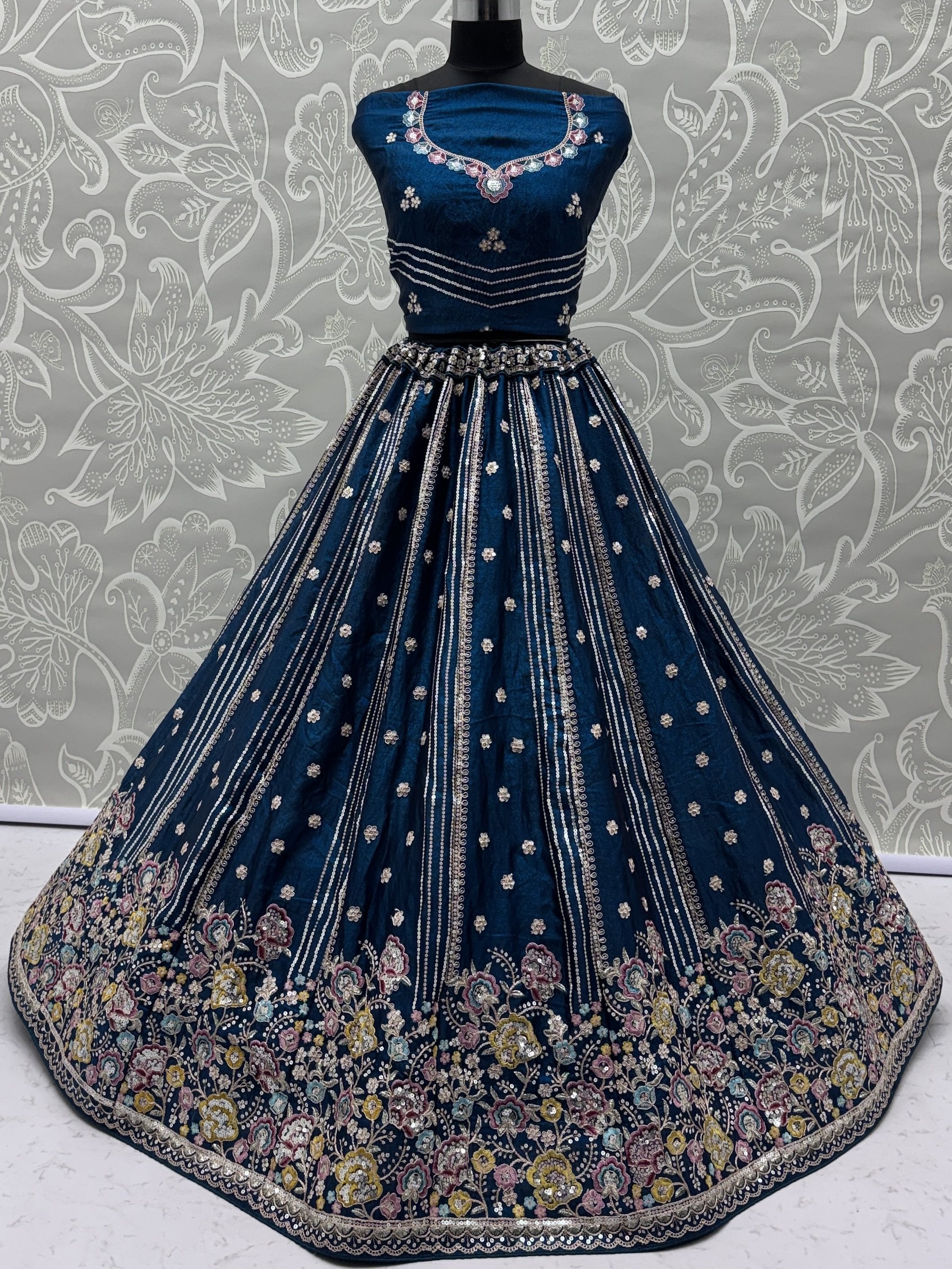 Dazzling Teal Blue Sequins Oragnza Marriage Wear Lehenga With Blouse