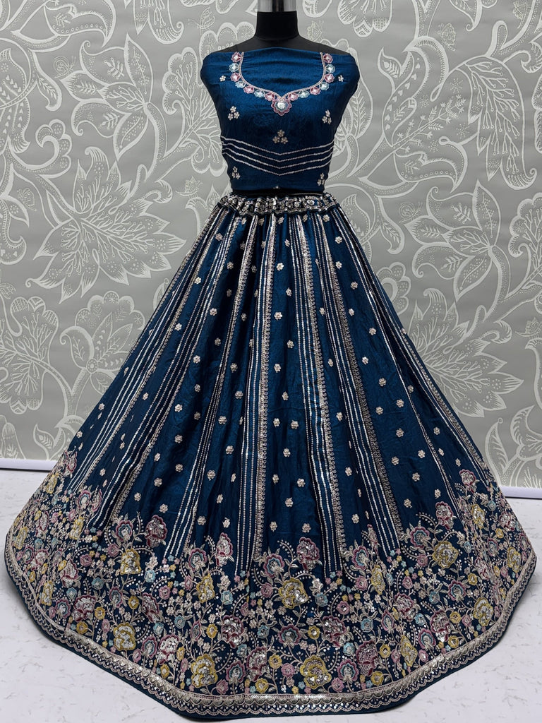 Dazzling Teal Blue Sequins Oragnza Marriage Wear Lehenga With Blouse