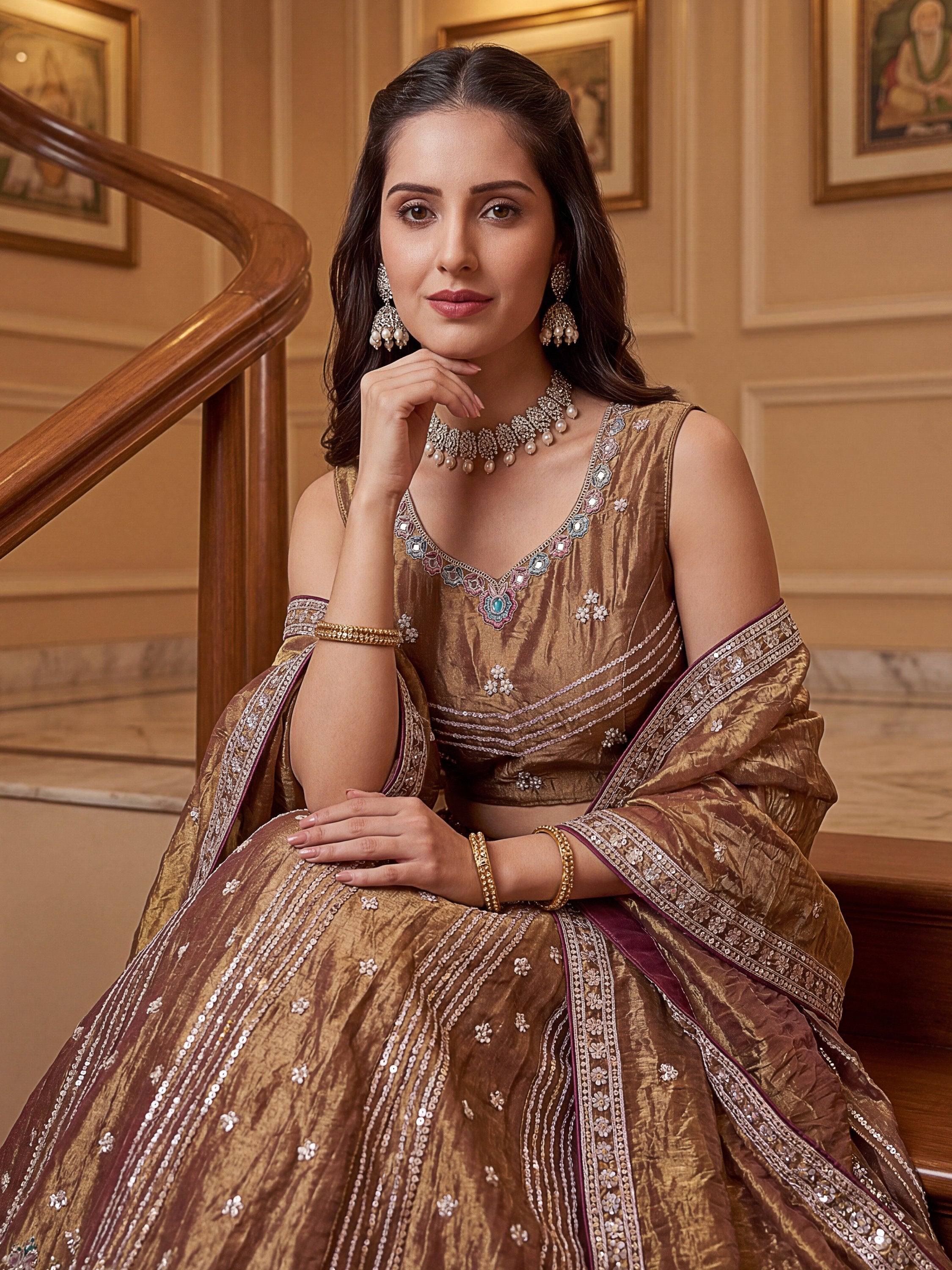 Delightful Brown Multi Thread Work Oragnza Sangeet Wear Lehenga Choli