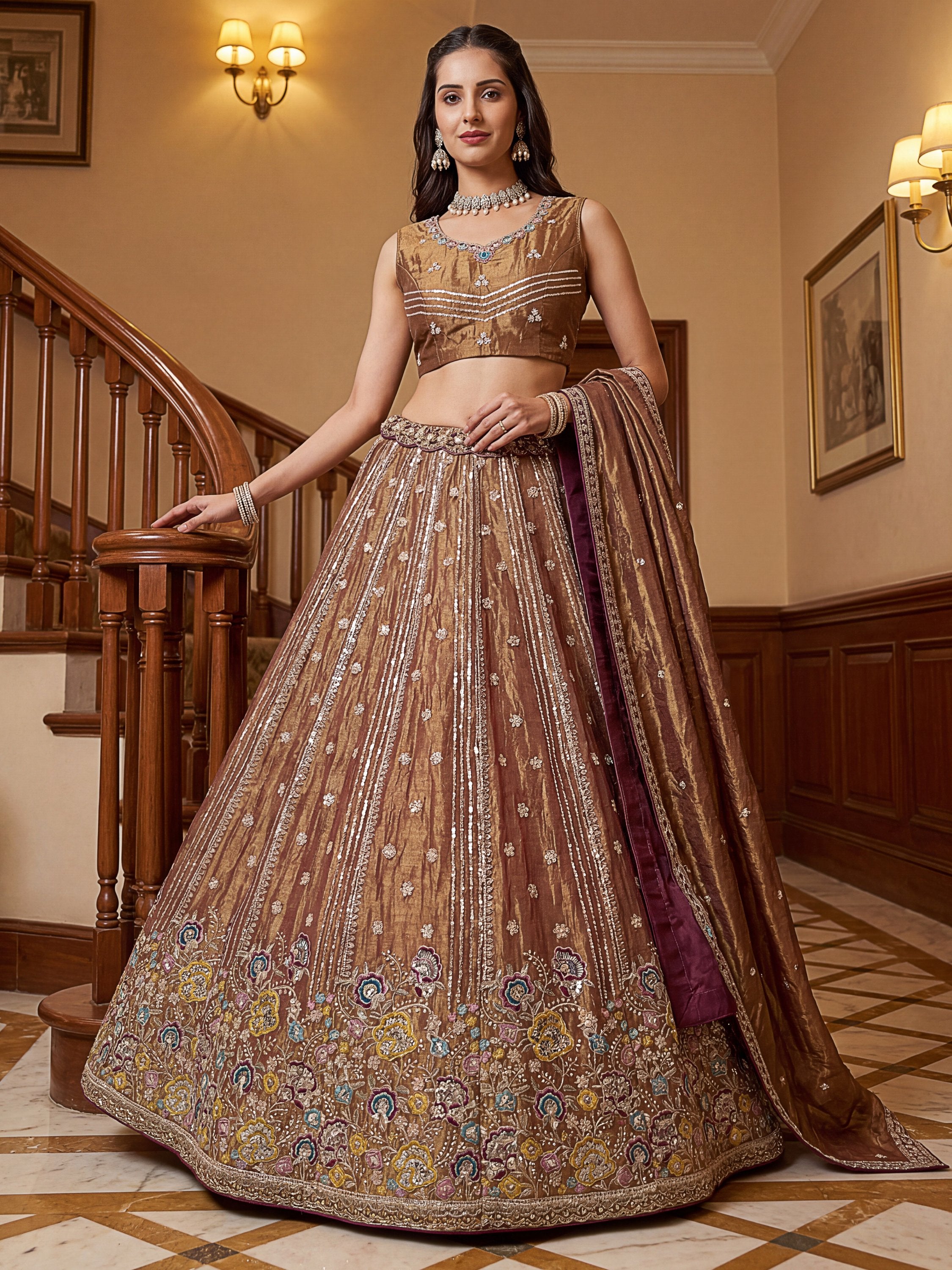 Delightful Brown Multi Thread Work Oragnza Sangeet Wear Lehenga Choli