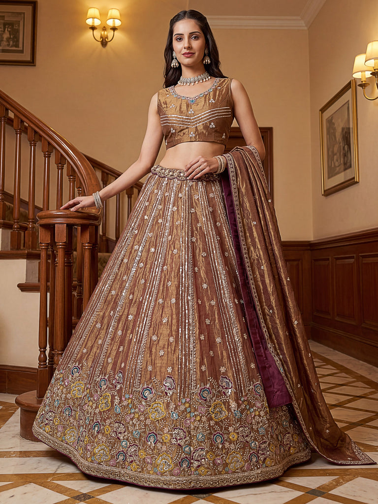 Delightful Brown Multi Thread Work Oragnza Sangeet Wear Lehenga Choli