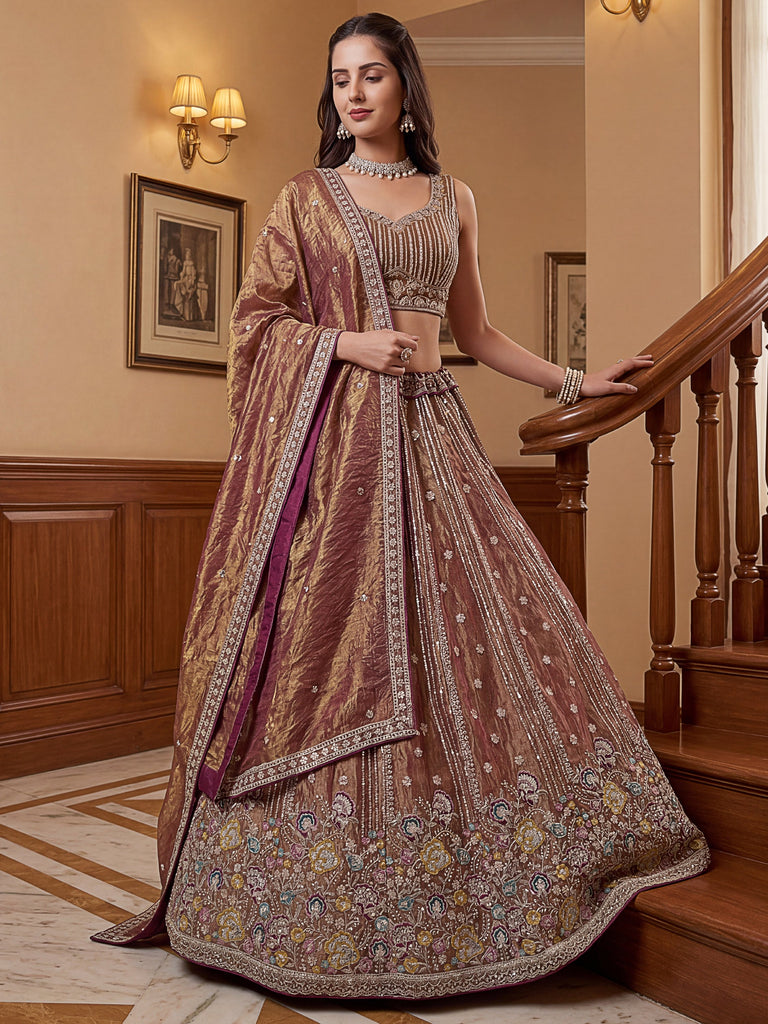 Delightful Brown Multi Thread Work Oragnza Sangeet Wear Lehenga Choli