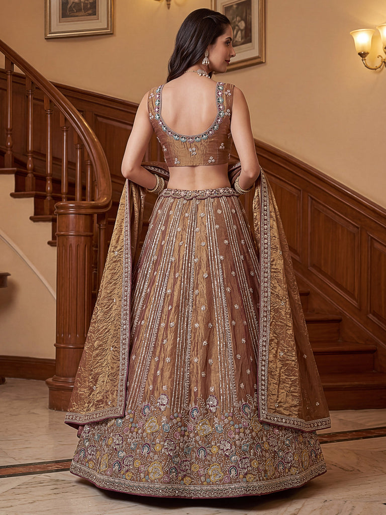 Delightful Brown Multi Thread Work Oragnza Sangeet Wear Lehenga Choli