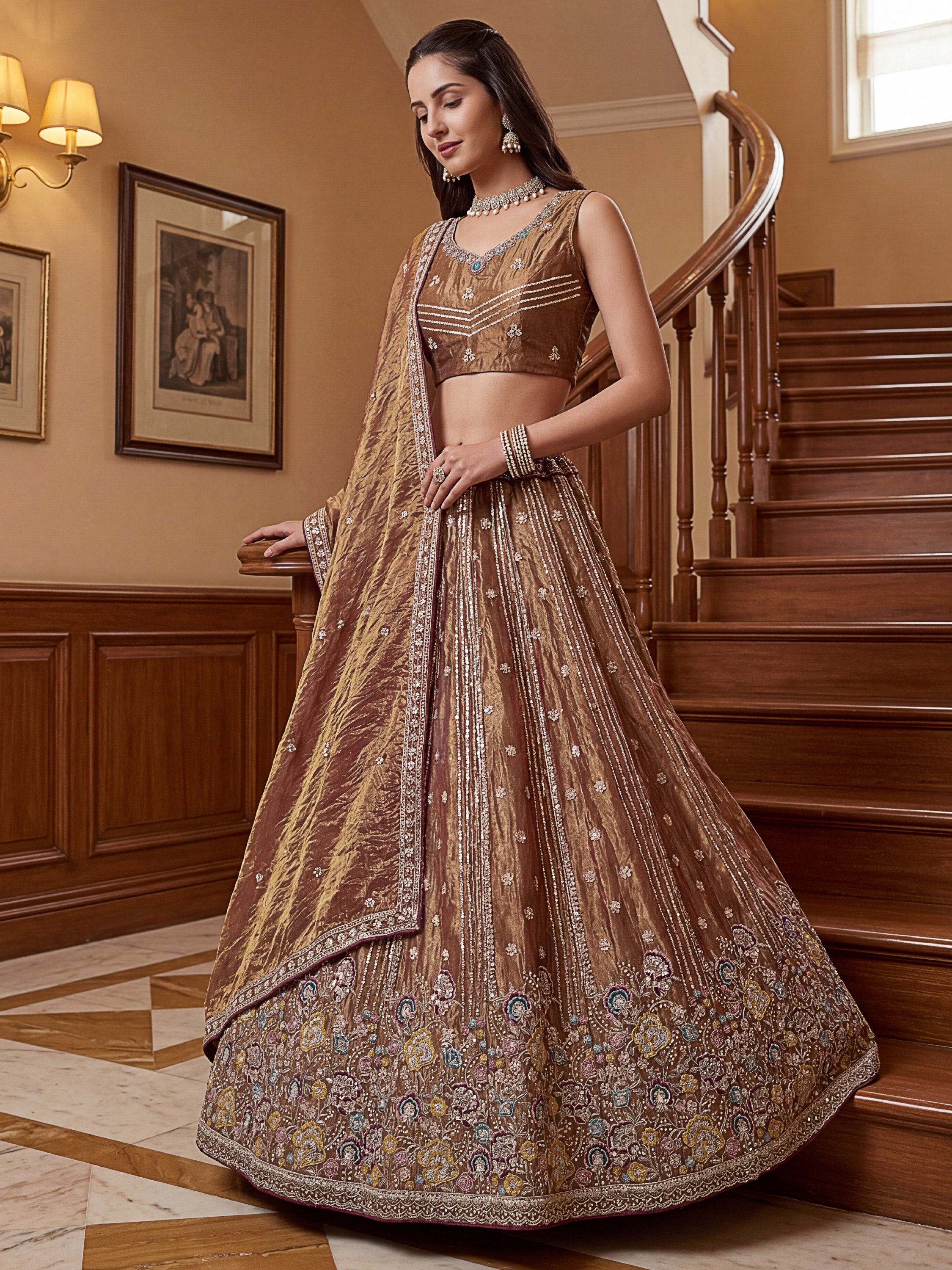 Delightful Brown Multi Thread Work Oragnza Sangeet Wear Lehenga Choli
