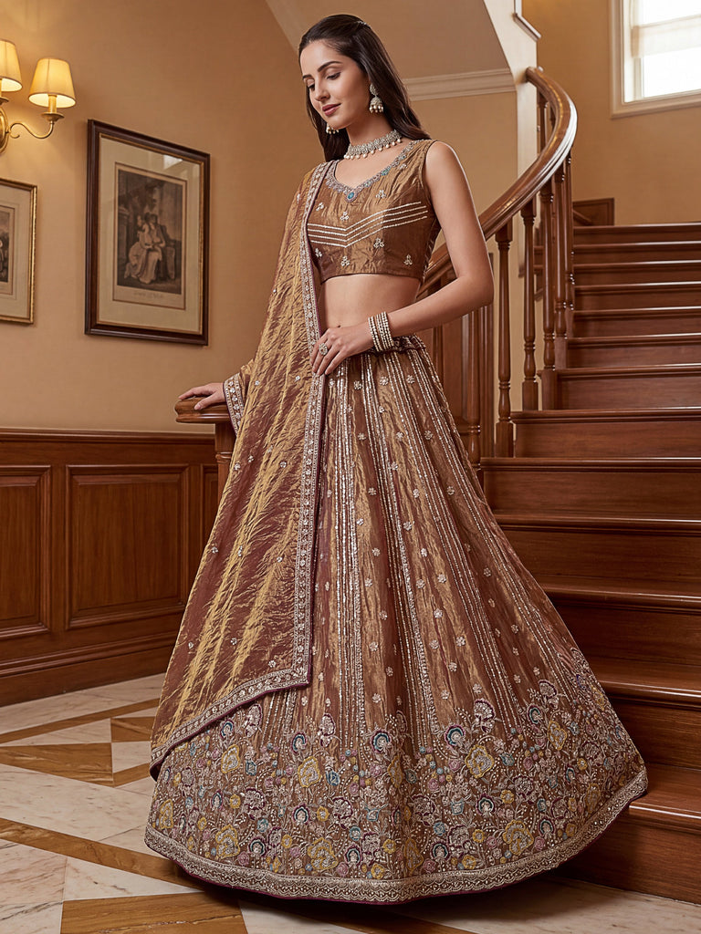 Delightful Brown Multi Thread Work Oragnza Sangeet Wear Lehenga Choli