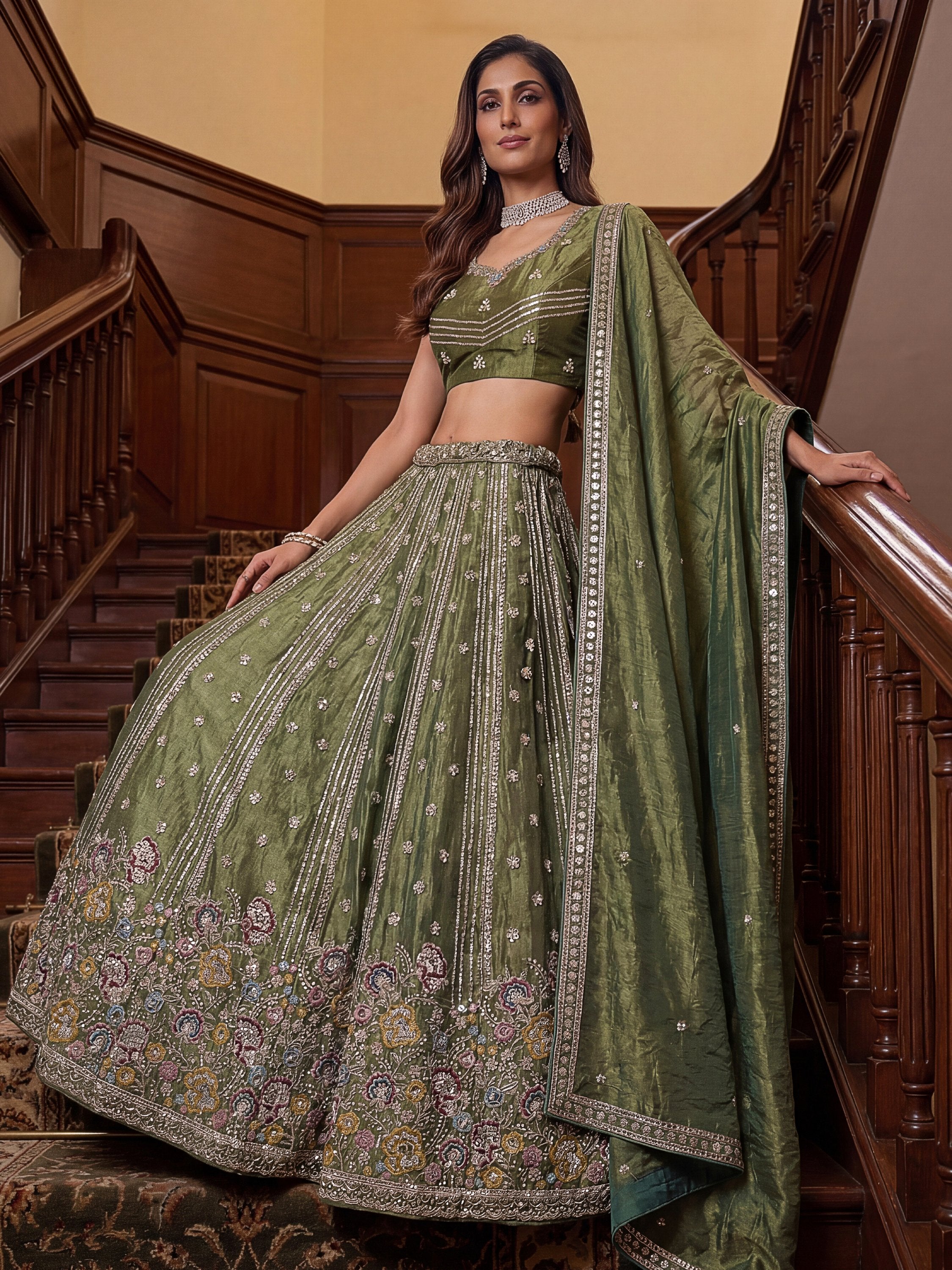 Charming Pista Green Zari Work Oragnza Reception Wear Lehenga Choli