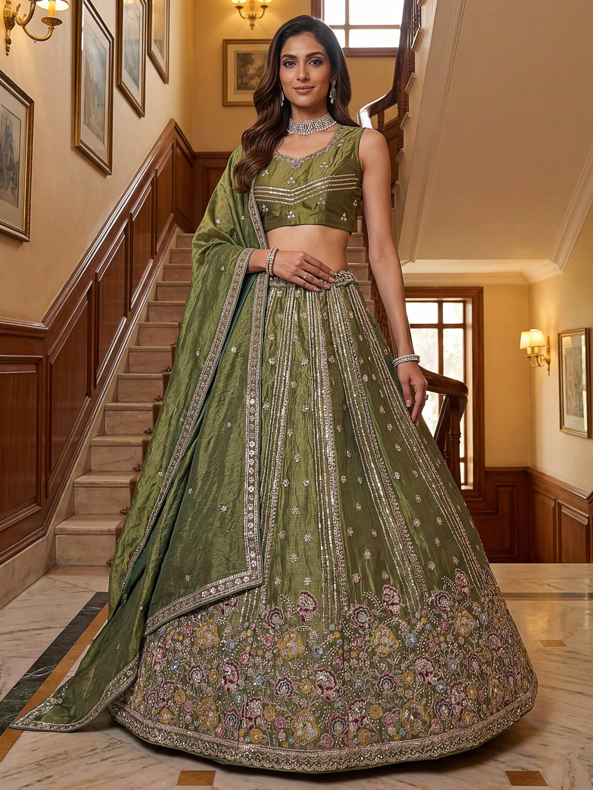 Charming Pista Green Zari Work Oragnza Reception Wear Lehenga Choli