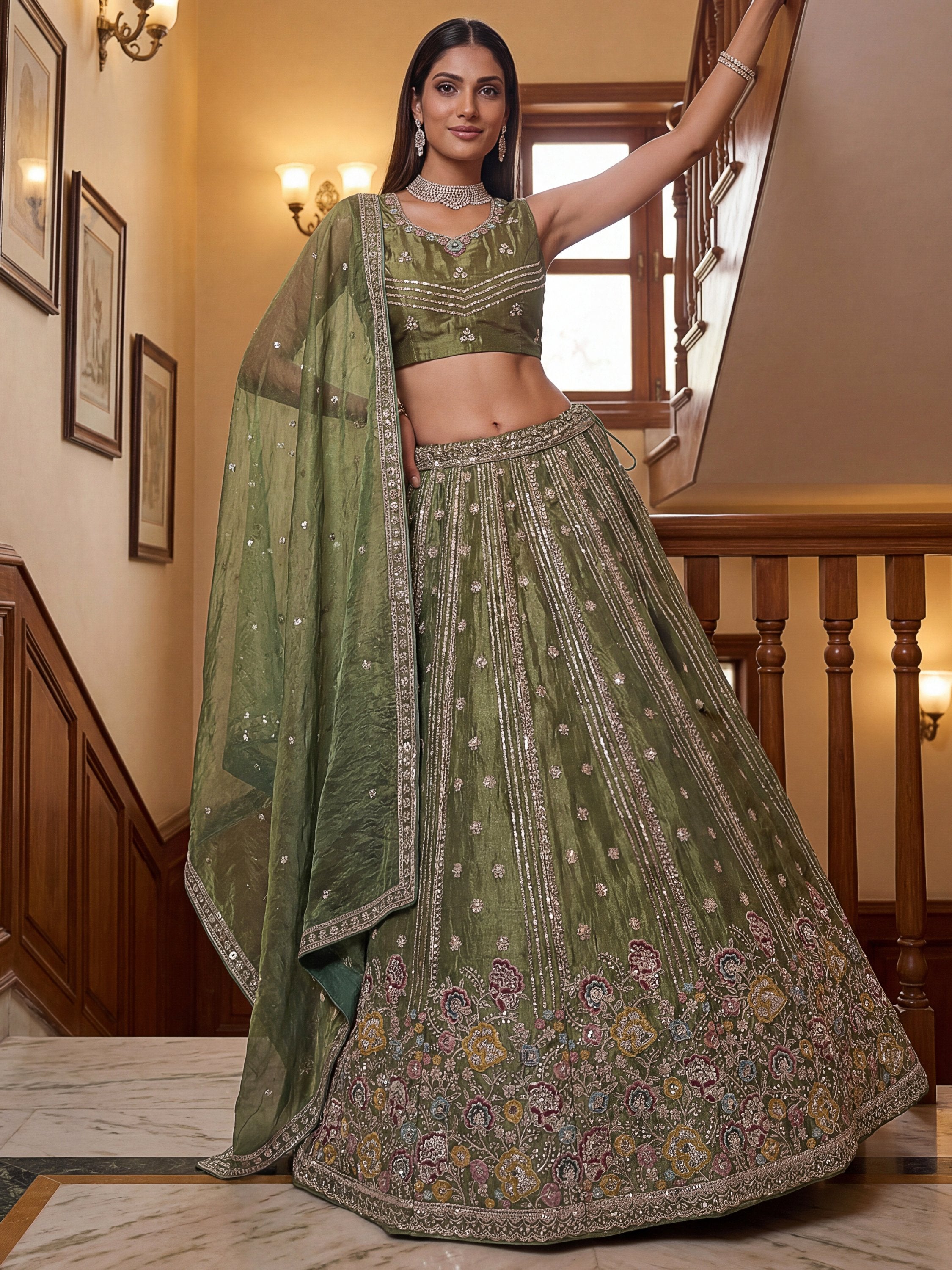 Charming Pista Green Zari Work Oragnza Reception Wear Lehenga Choli