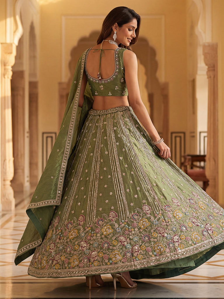 Charming Pista Green Zari Work Oragnza Reception Wear Lehenga Choli