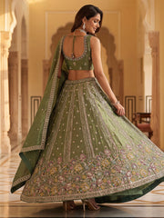 Charming Pista Green Zari Work Oragnza Reception Wear Lehenga Choli