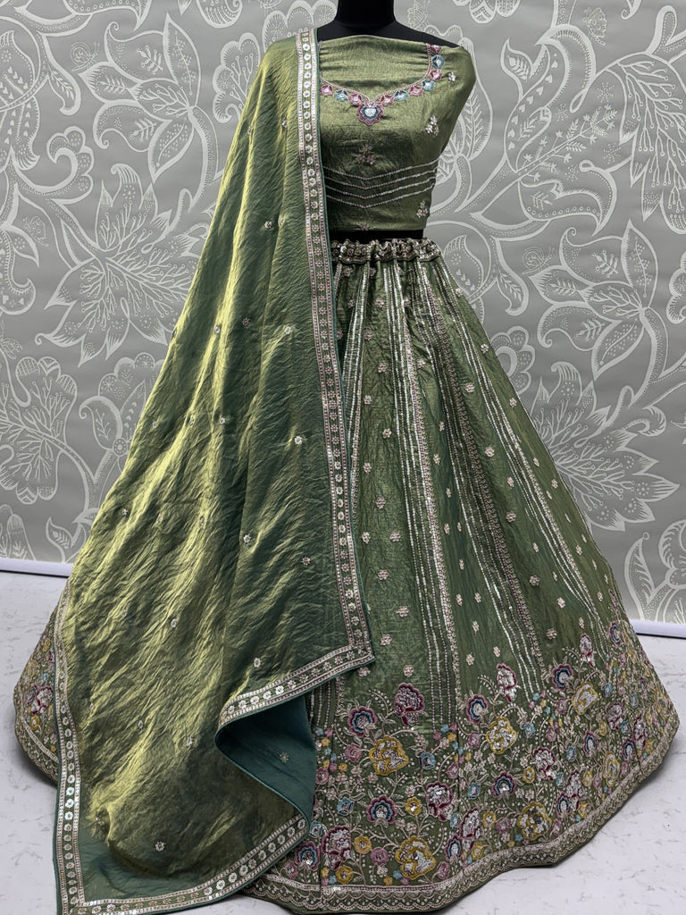 Charming Pista Green Zari Work Oragnza Reception Wear Lehenga Choli