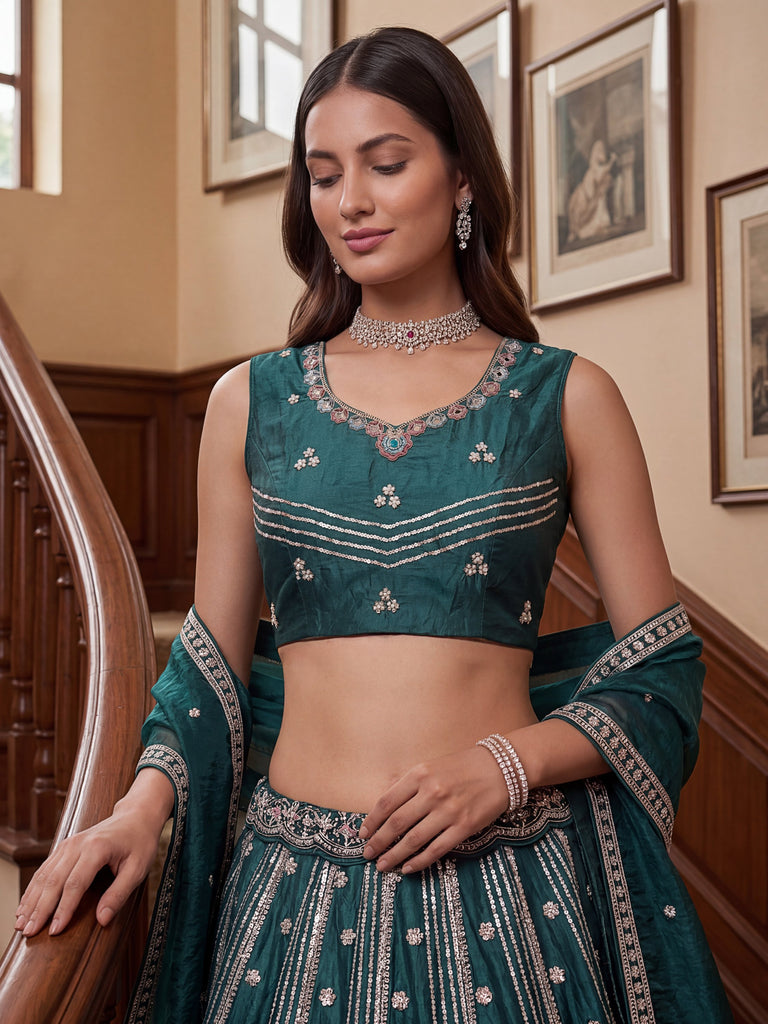 Ravishing Teal Green Embroidered Oragnza Mehendi Wear Lehenga With Blouse