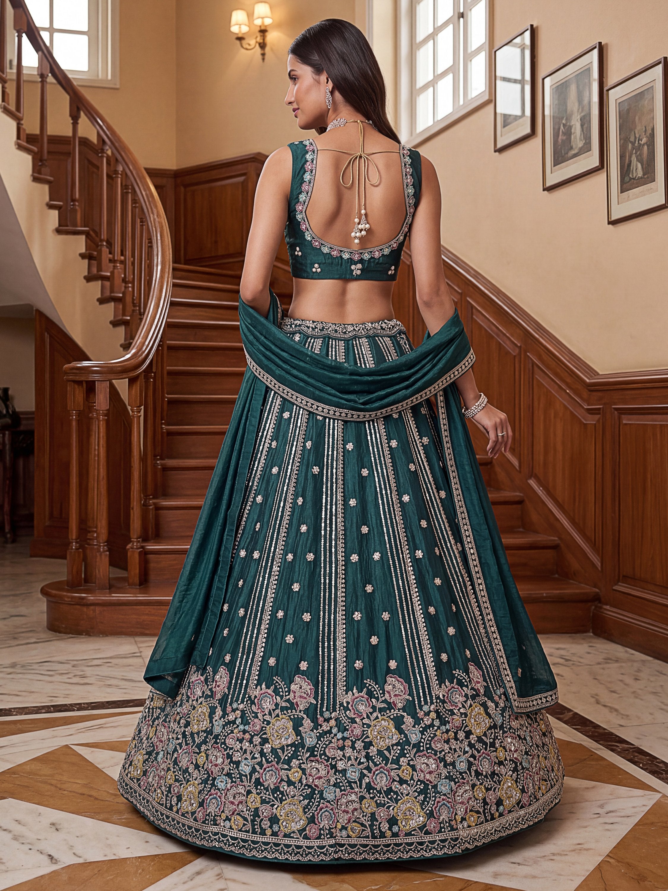 Ravishing Teal Green Embroidered Oragnza Mehendi Wear Lehenga With Blouse
