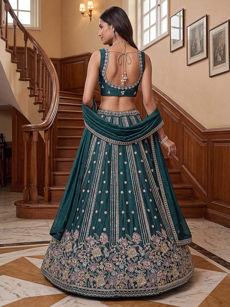 Ravishing Teal Green Embroidered Oragnza Mehendi Wear Lehenga With Blouse