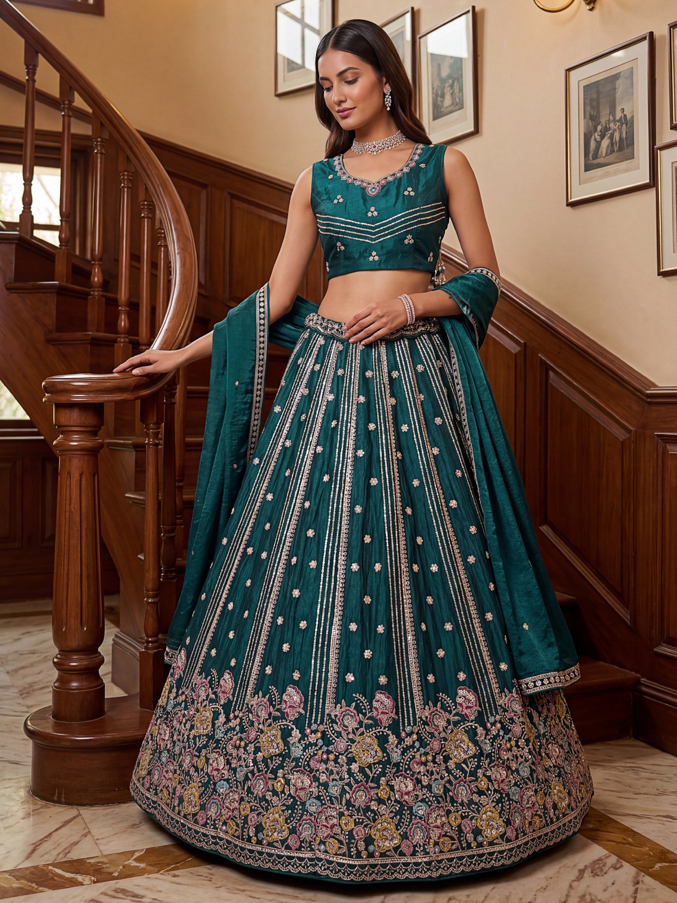 Ravishing Teal Green Embroidered Oragnza Mehendi Wear Lehenga With Blouse