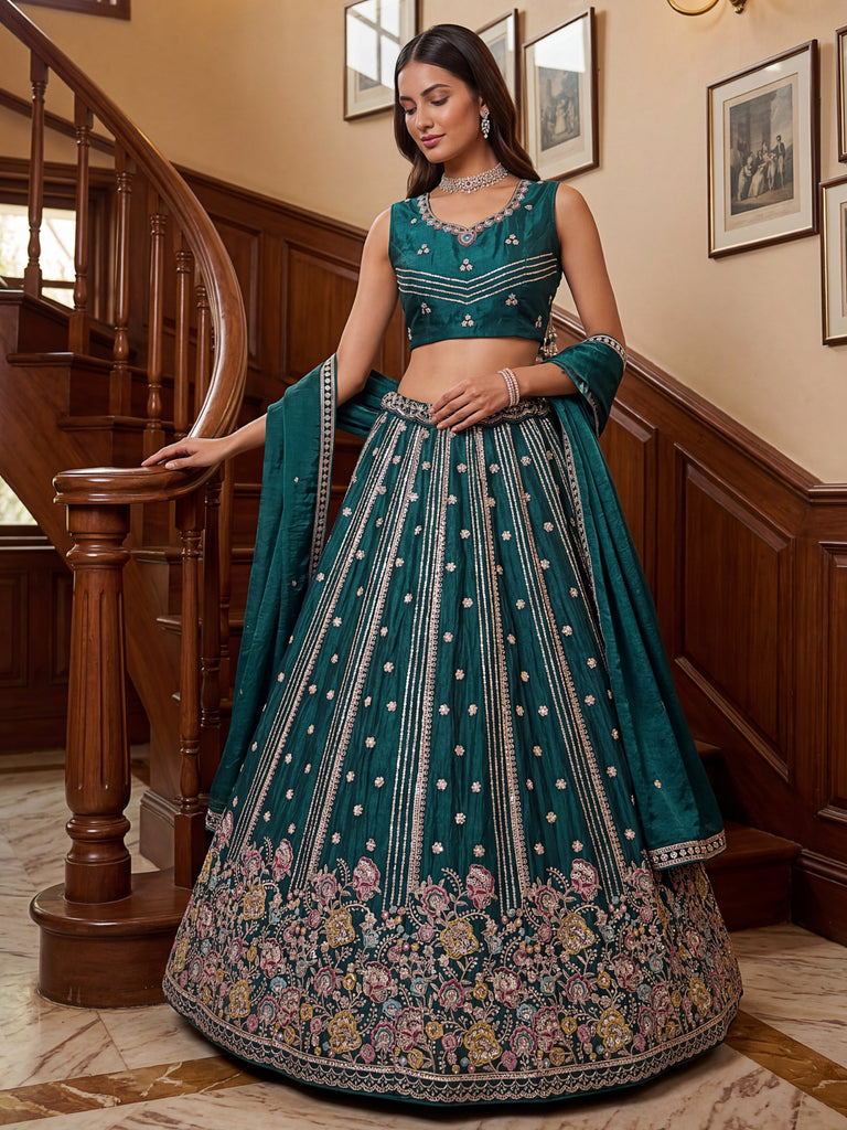 Ravishing Teal Green Embroidered Oragnza Mehendi Wear Lehenga With Blouse
