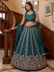 Ravishing Teal Green Embroidered Oragnza Mehendi Wear Lehenga With Blouse