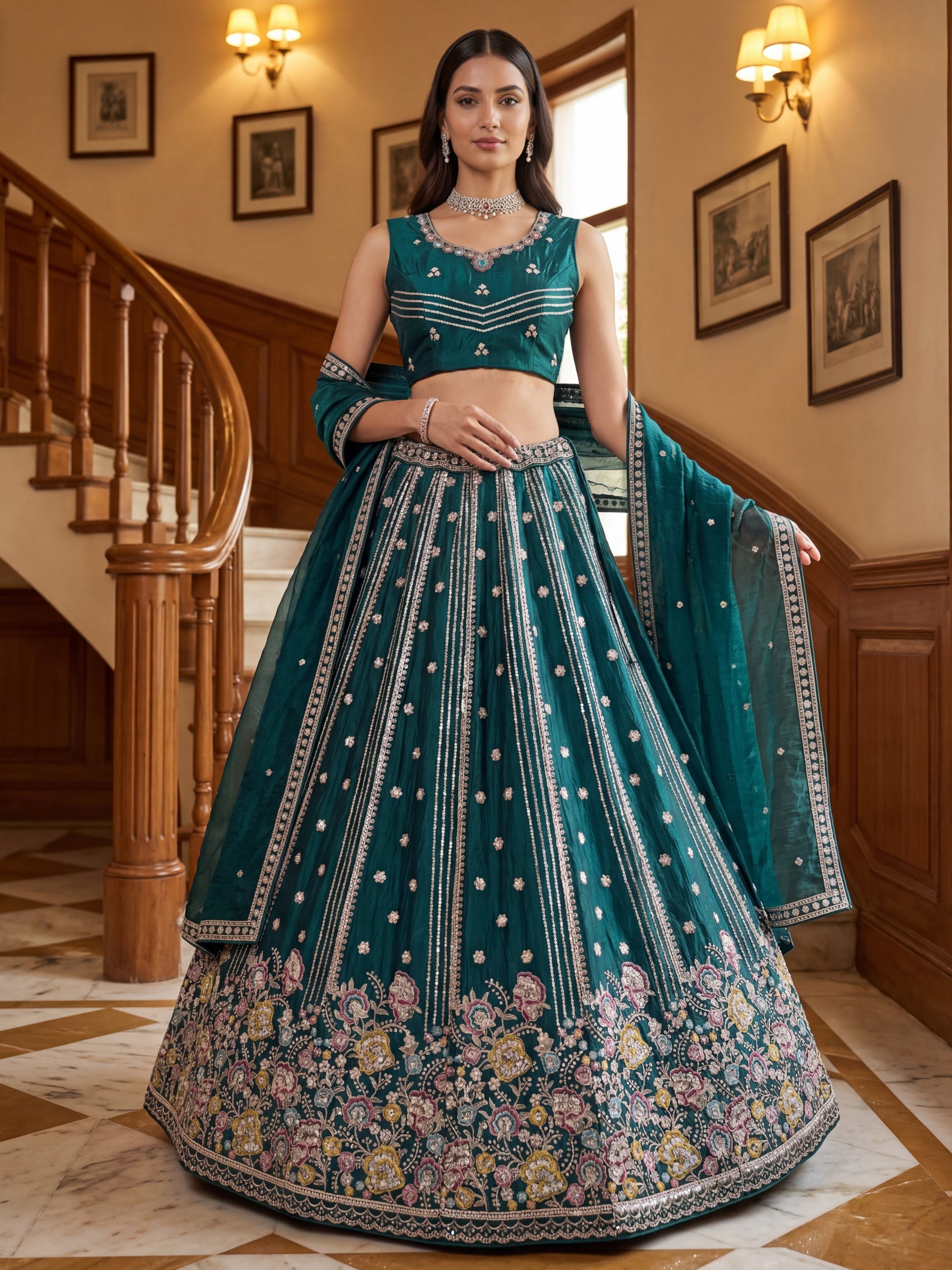 Ravishing Teal Green Embroidered Oragnza Mehendi Wear Lehenga With Blouse