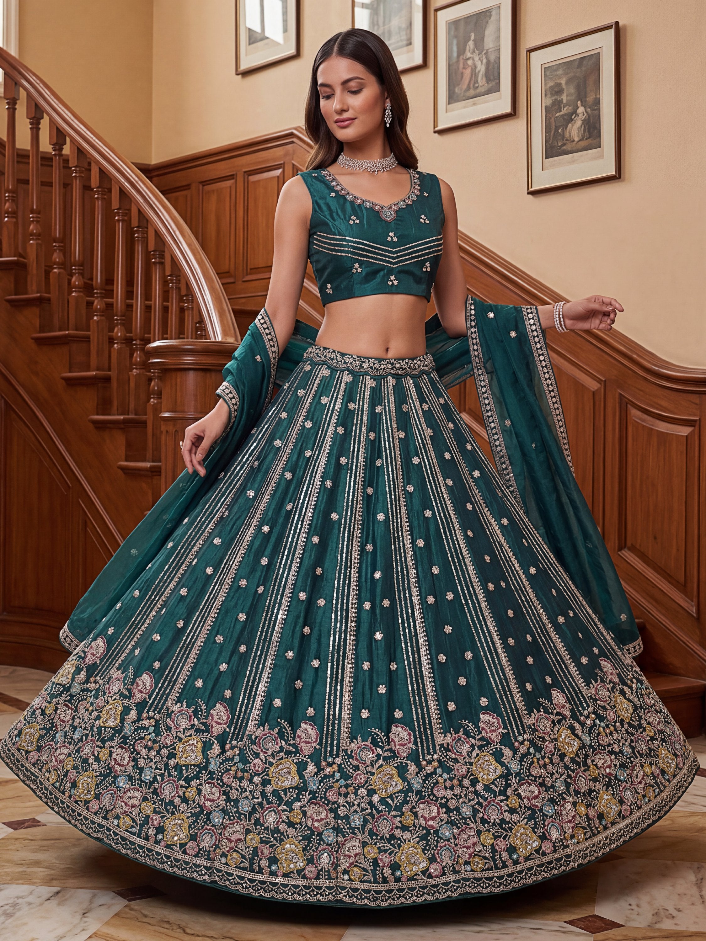 Ravishing Teal Green Embroidered Oragnza Mehendi Wear Lehenga With Blouse