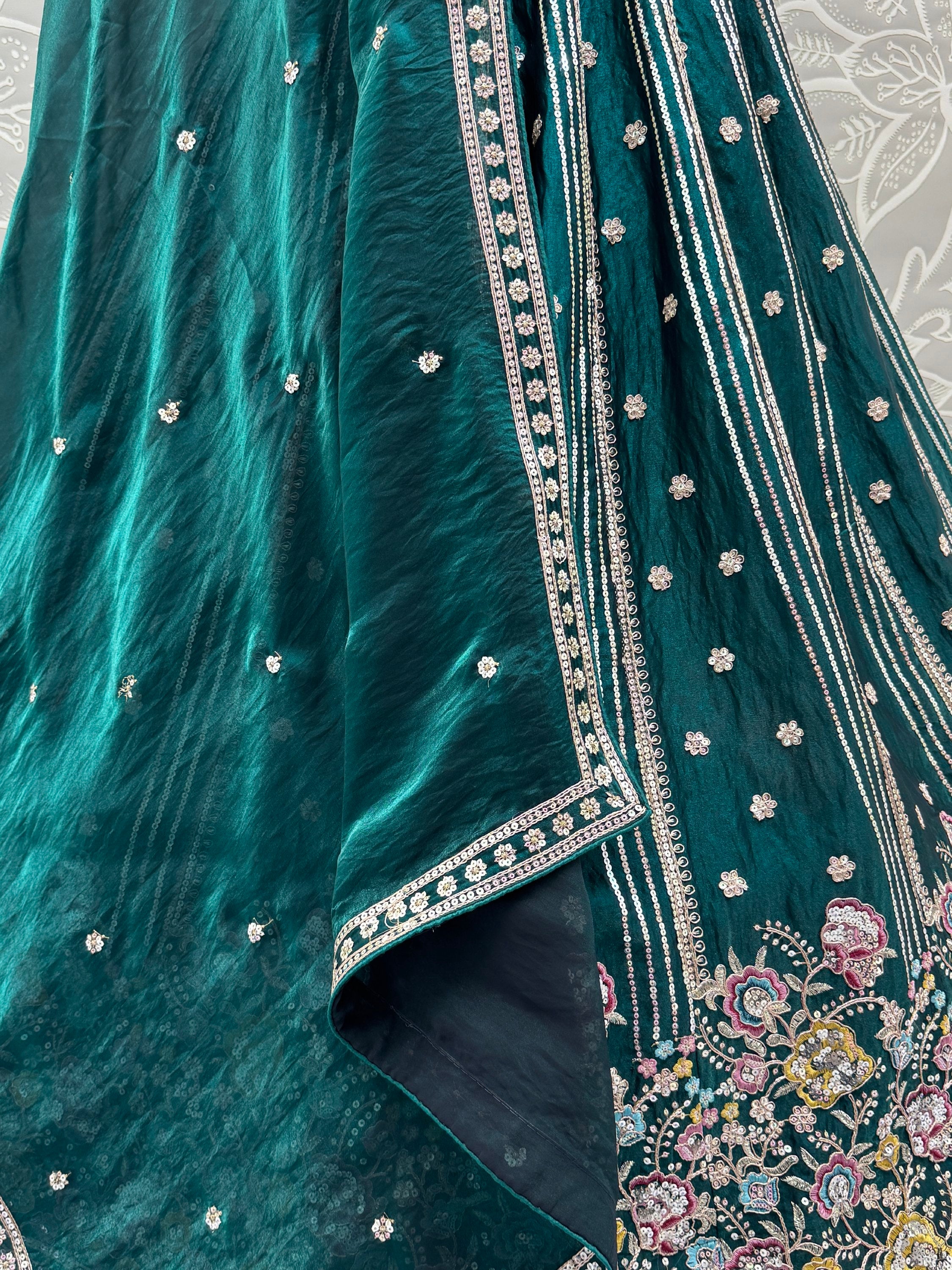 Ravishing Teal Green Embroidered Oragnza Mehendi Wear Lehenga With Blouse
