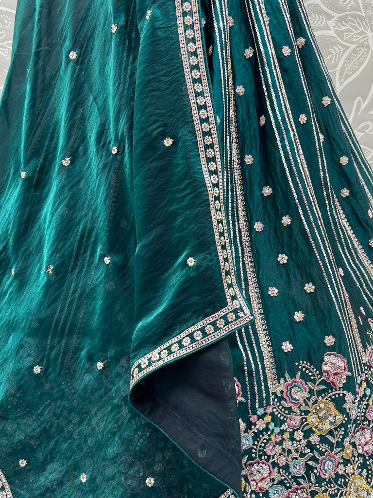 Ravishing Teal Green Embroidered Oragnza Mehendi Wear Lehenga With Blouse