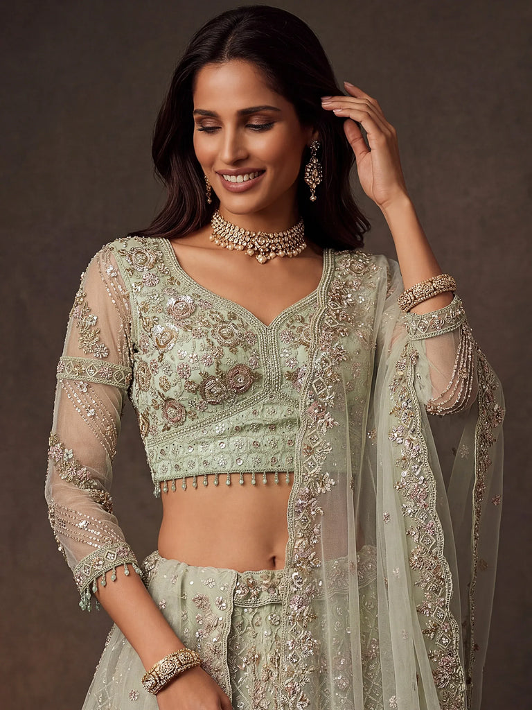 Beautiful Pastel Green Sequins Net Bridesmaid Lehenga Choli