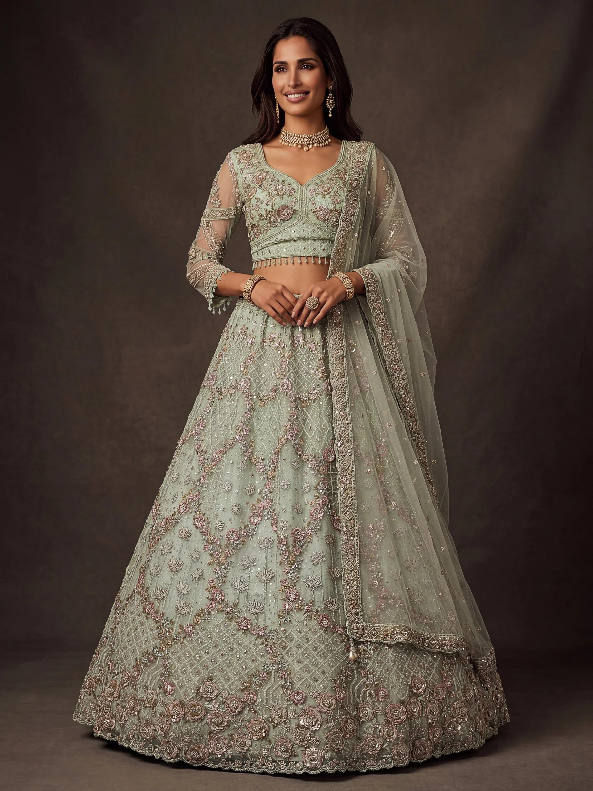 Beautiful Pastel Green Sequins Net Bridesmaid Lehenga Choli