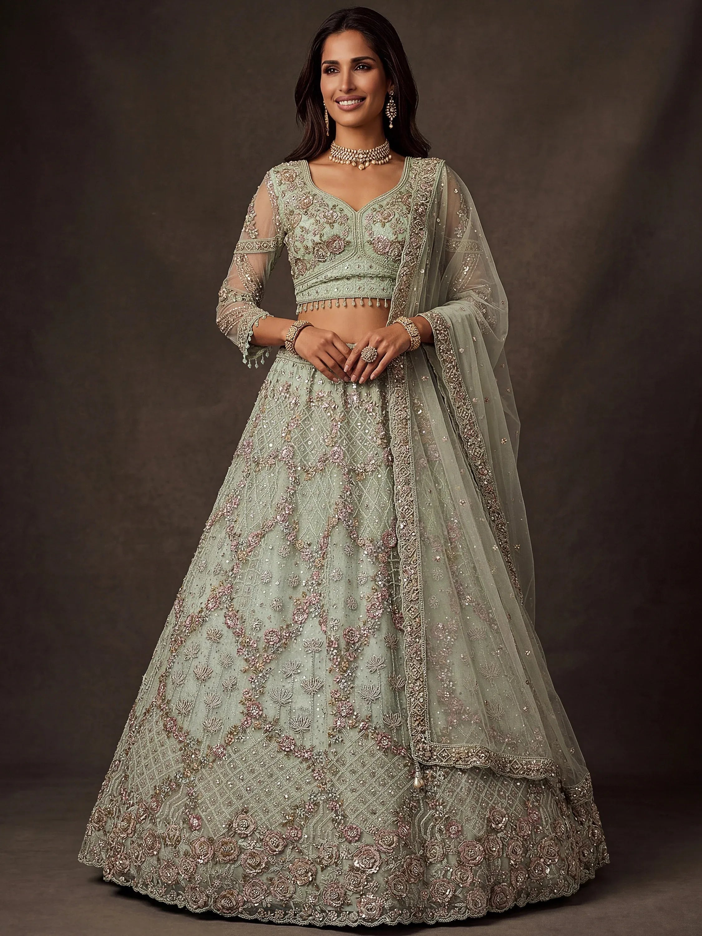 Beautiful Pastel Green Sequins Net Bridesmaid Lehenga Choli