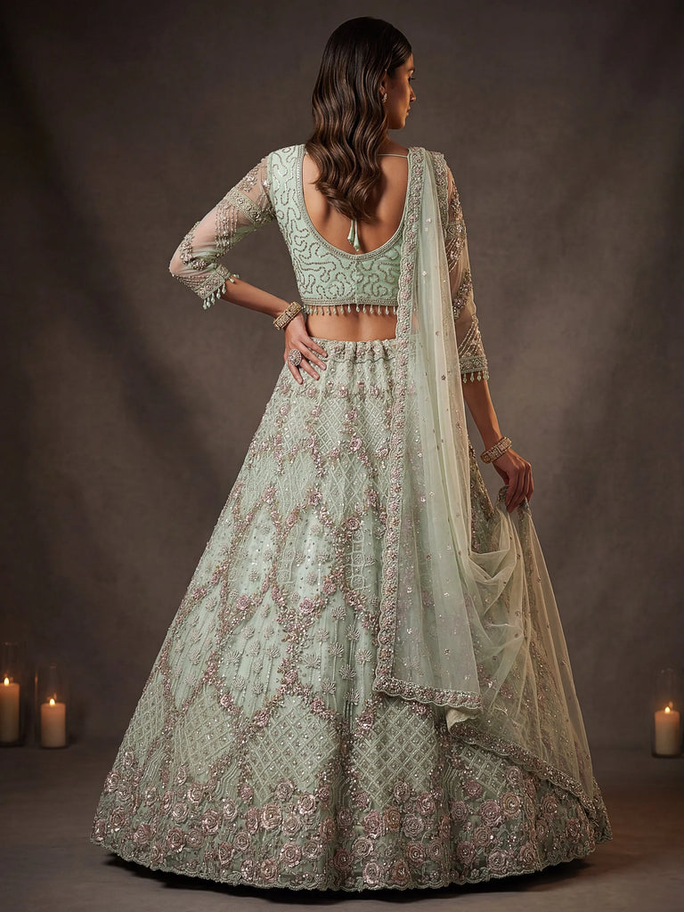 Beautiful Pastel Green Sequins Net Bridesmaid Lehenga Choli