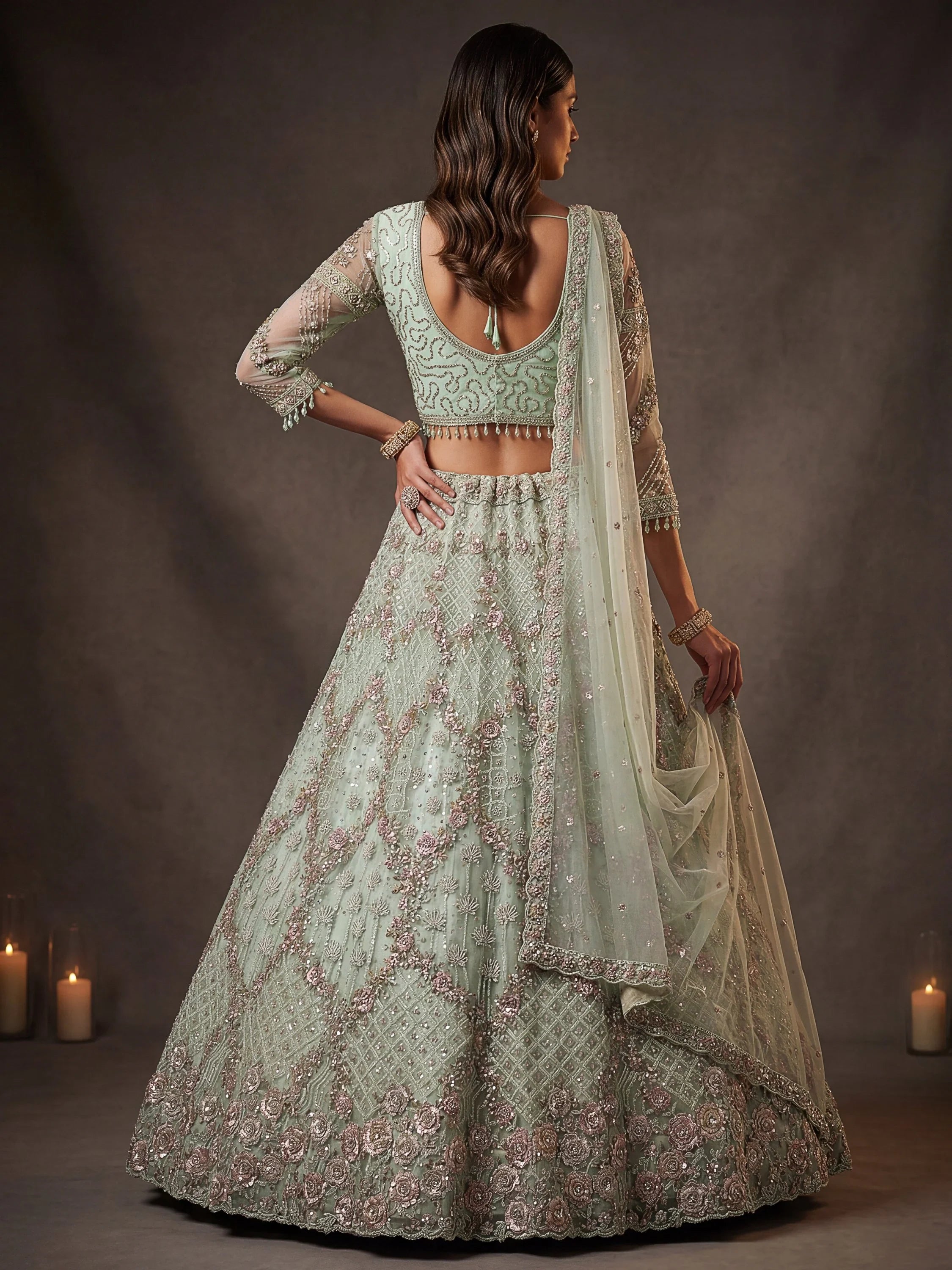 Beautiful Pastel Green Sequins Net Bridesmaid Lehenga Choli