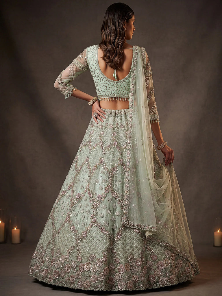 Beautiful Pastel Green Sequins Net Bridesmaid Lehenga Choli