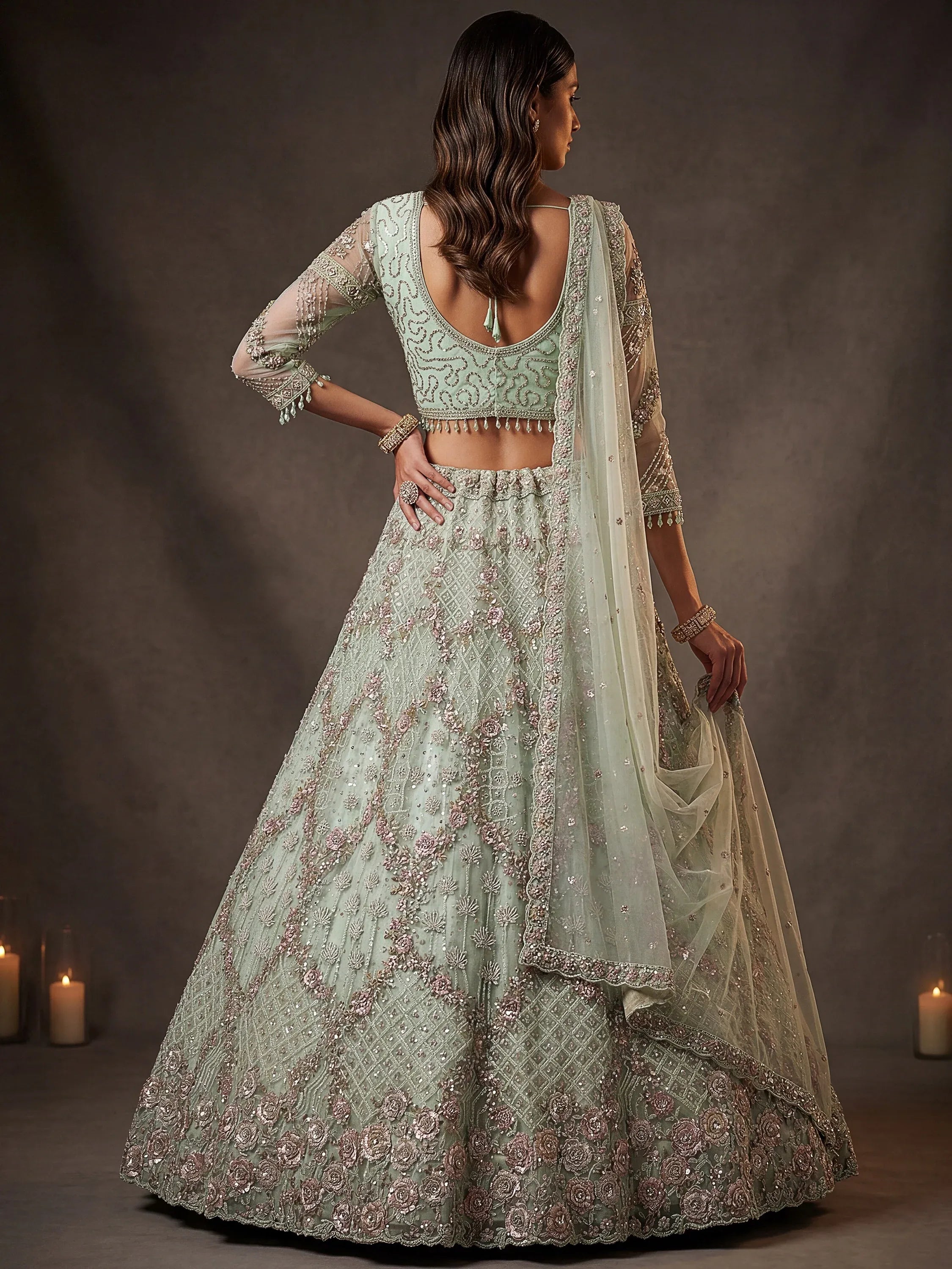 Beautiful Pastel Green Sequins Net Bridesmaid Lehenga Choli