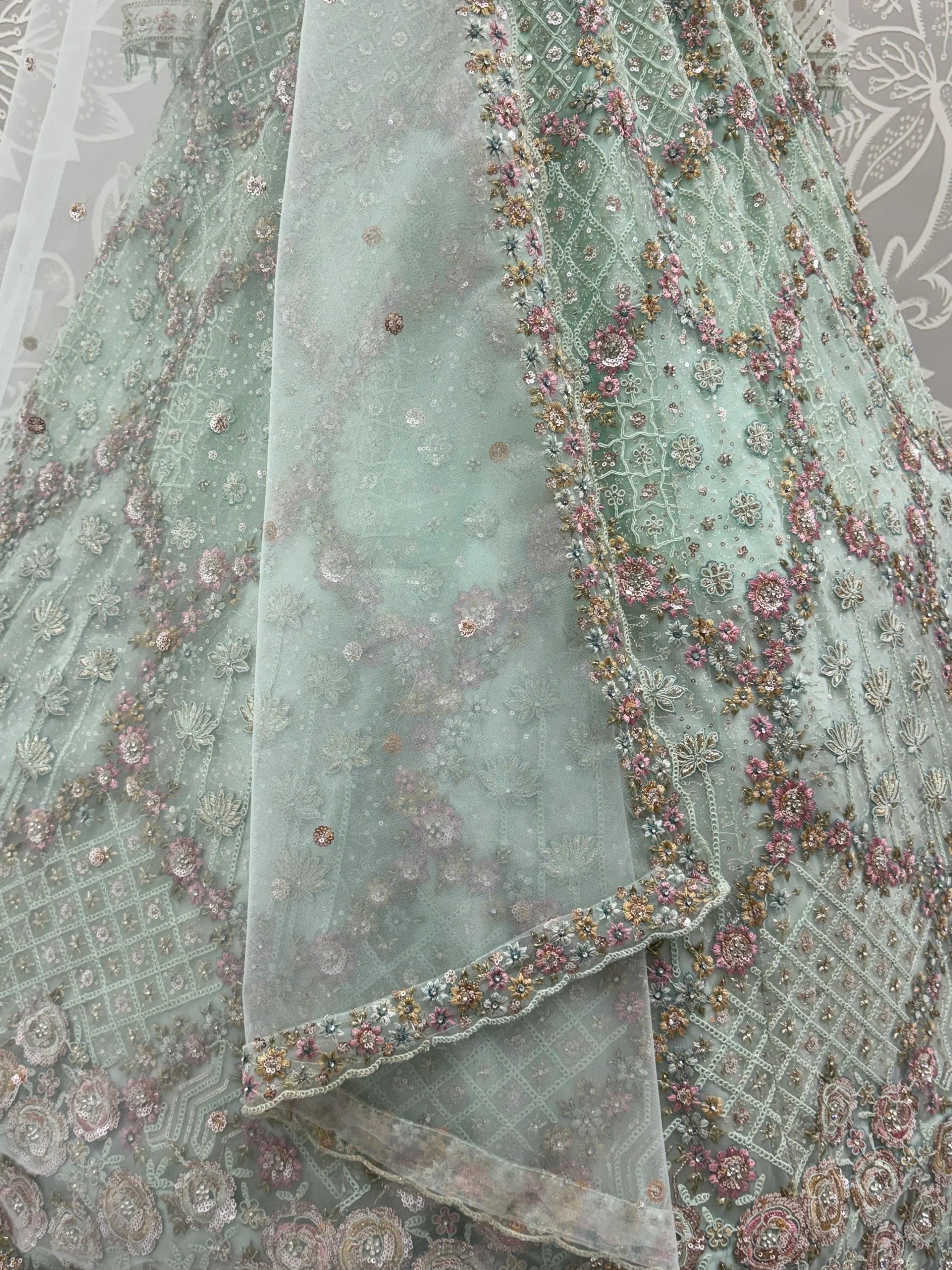 Beautiful Pastel Green Sequins Net Bridesmaid Lehenga Choli