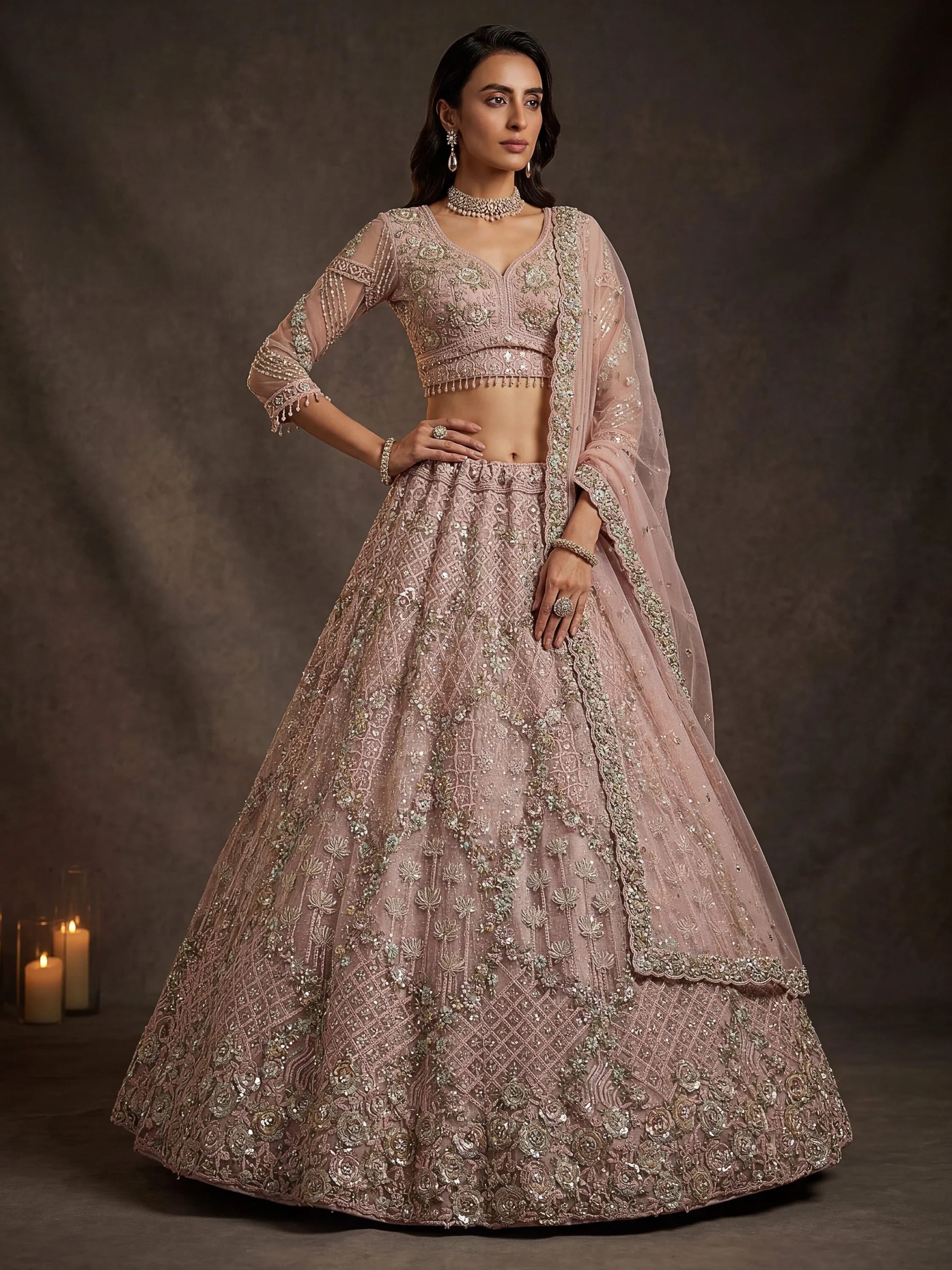 Terrific Pink Dori Embroidery Net Engagement Wear Lehenga Choli