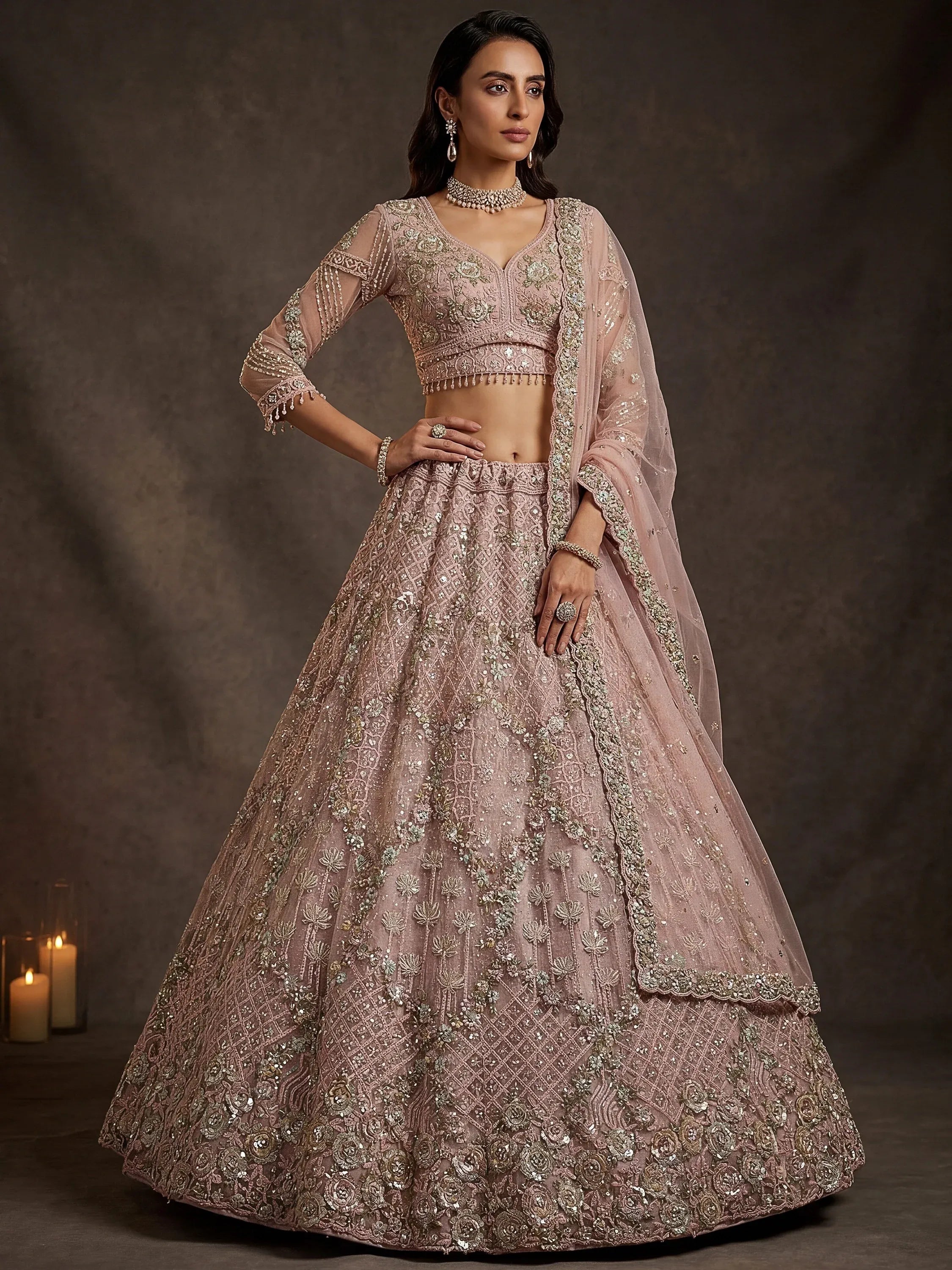Terrific Pink Dori Embroidery Net Engagement Wear Lehenga Choli