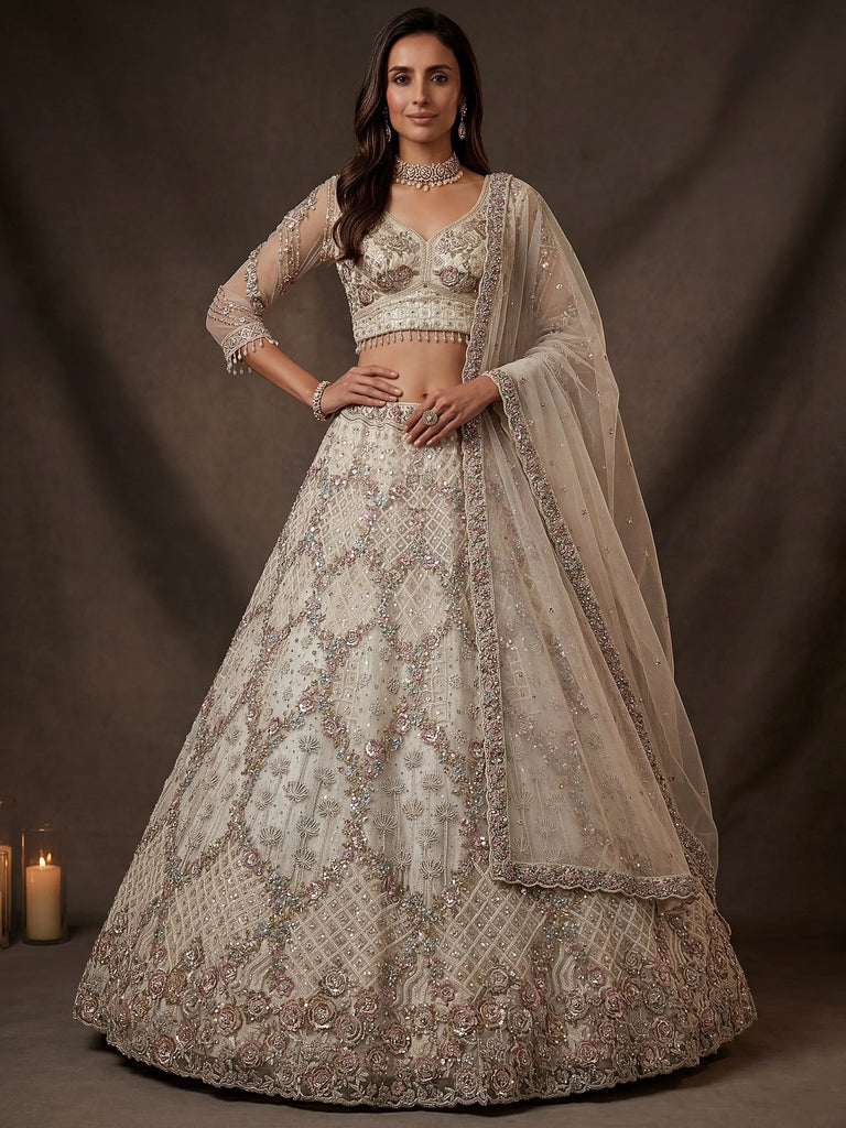 Grand White Heavy Embroidered Net Cocktail Wear Lehenga Choli With Dupatta