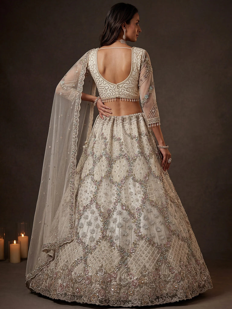 Grand White Heavy Embroidered Net Cocktail Wear Lehenga Choli With Dupatta
