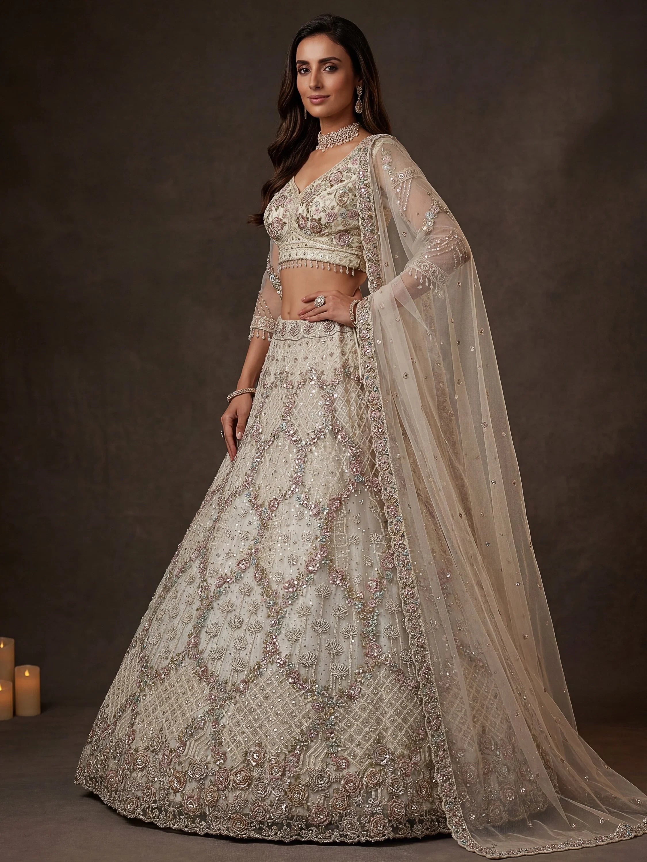 Grand White Heavy Embroidered Net Cocktail Wear Lehenga Choli With Dupatta