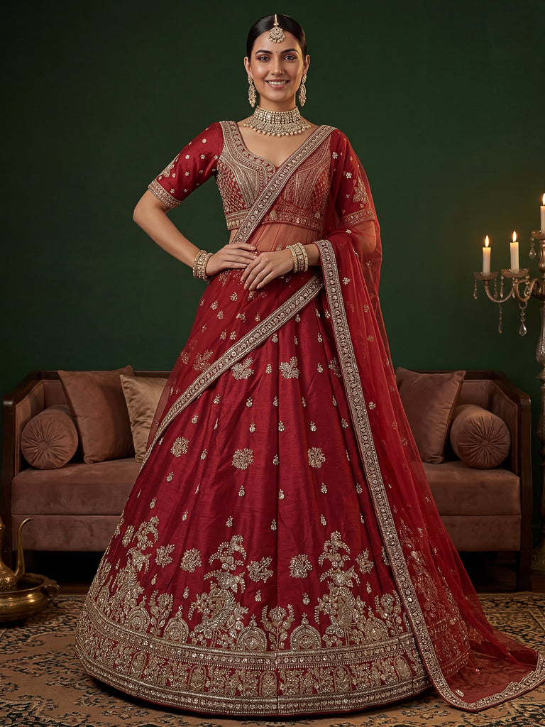 Appealing Red Bead Work Silk Bridal Lehenga Choli With Double Dupatta