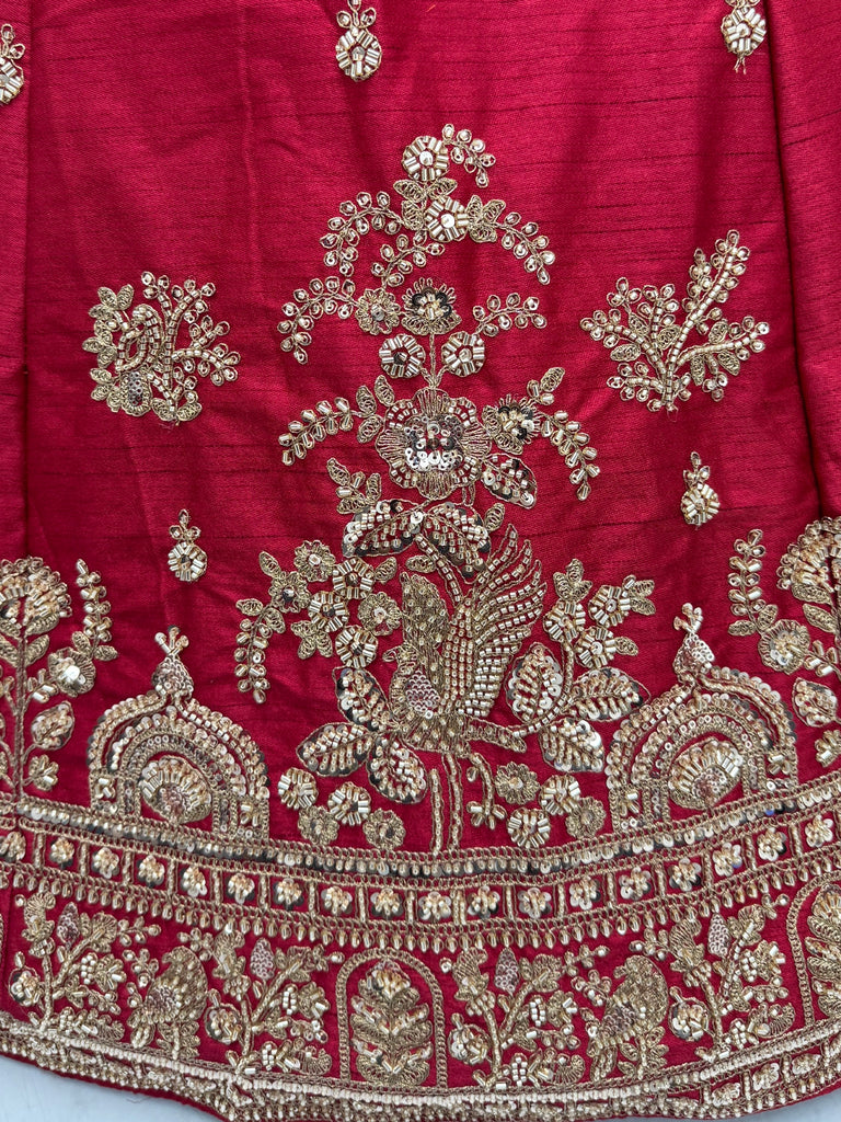 Appealing Red Bead Work Silk Bridal Lehenga Choli With Double Dupatta