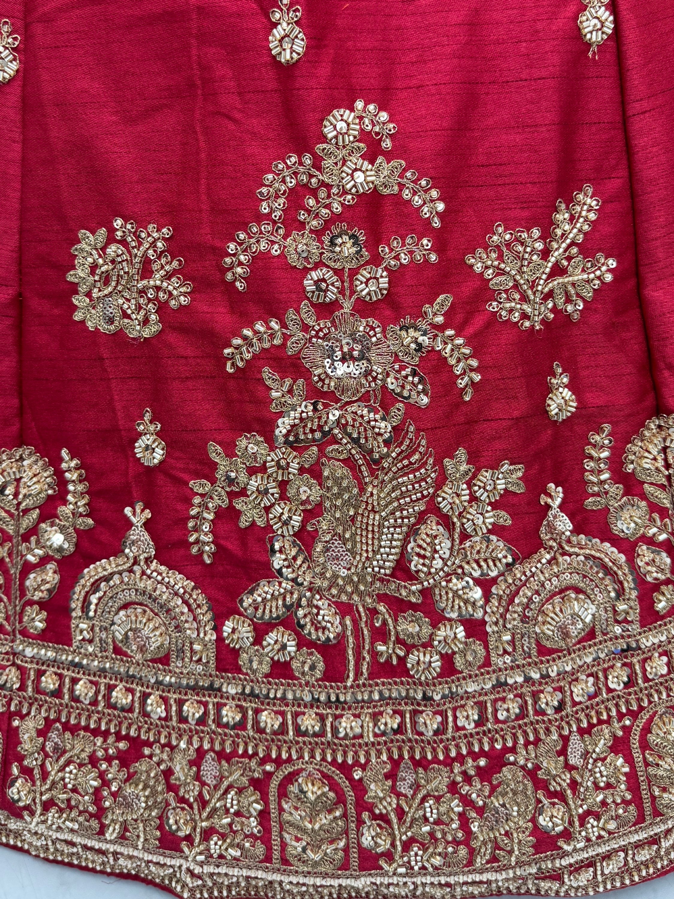 Appealing Red Bead Work Silk Bridal Lehenga Choli With Double Dupatta