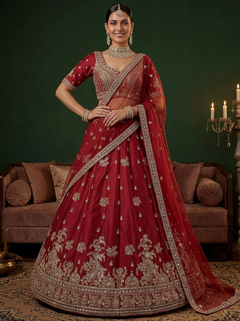 Appealing Red Bead Work Silk Bridal Lehenga Choli With Double Dupatta