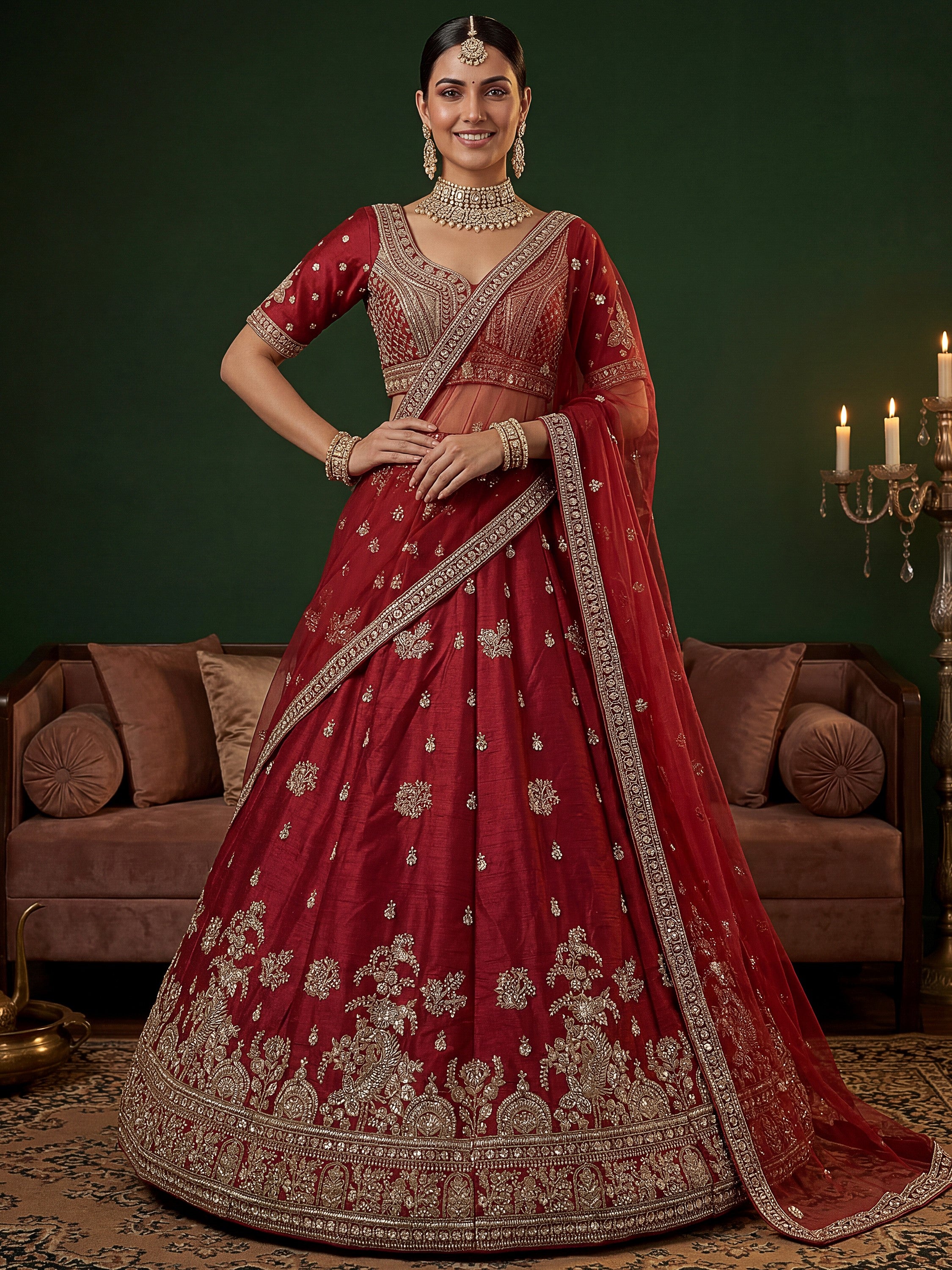 Appealing Red Bead Work Silk Bridal Lehenga Choli With Double Dupatta